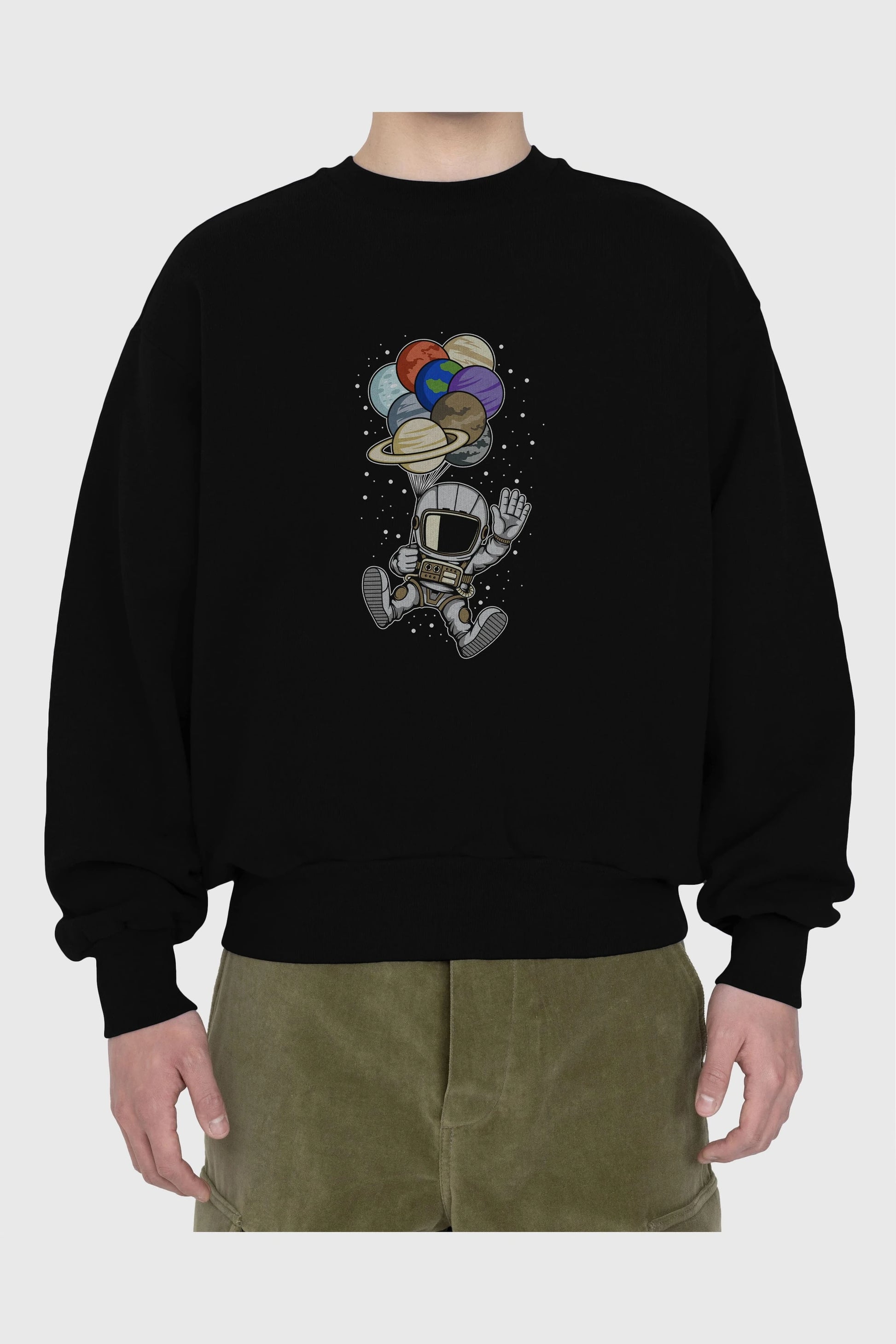 Astronaut Baloon Planets Ön Baskılı Oversize Sweatshirt Erkek Kadın Unisex