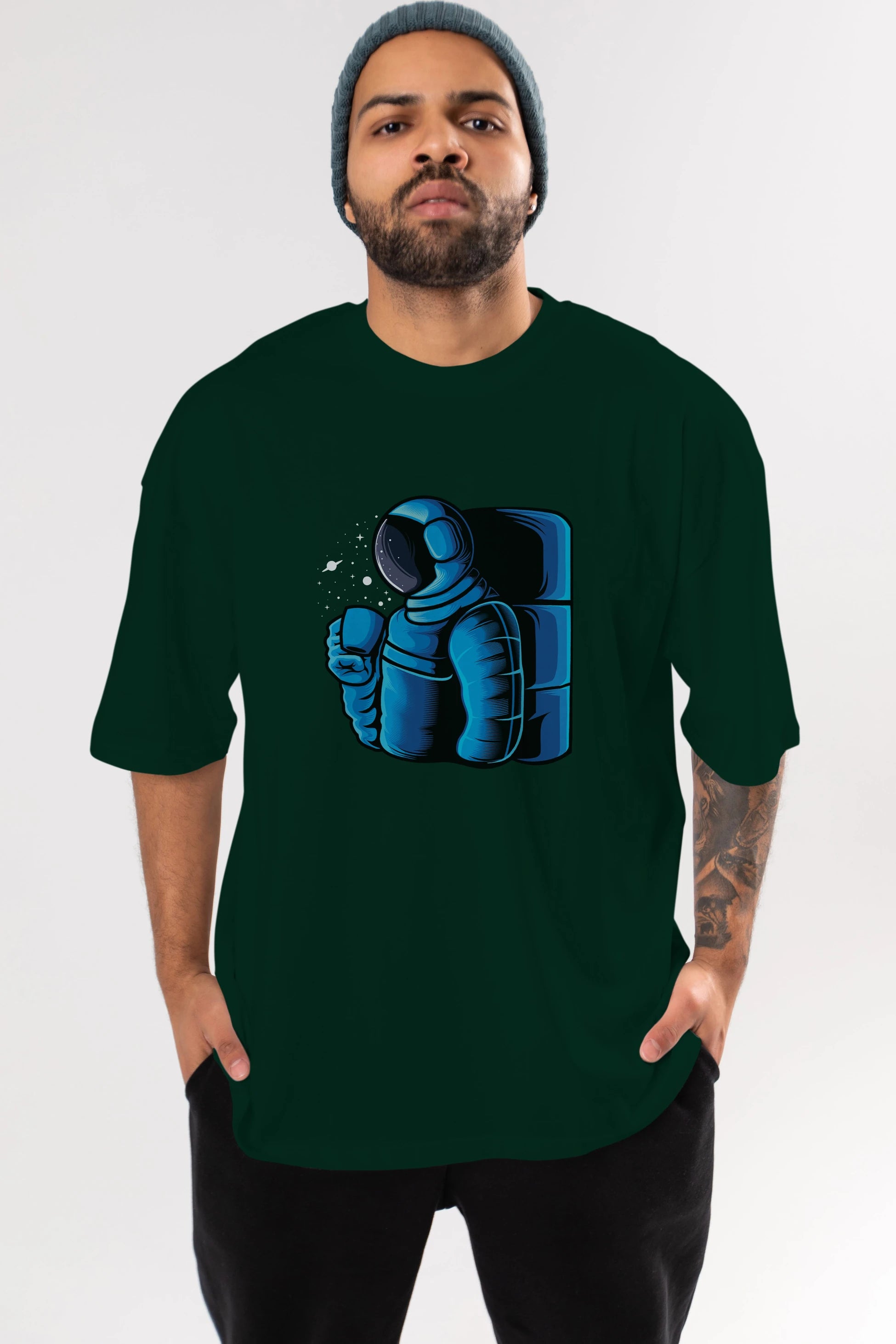 Drinking coffee in space Ön Baskılı Oversize t-shirt Erkek Kadın Unisex