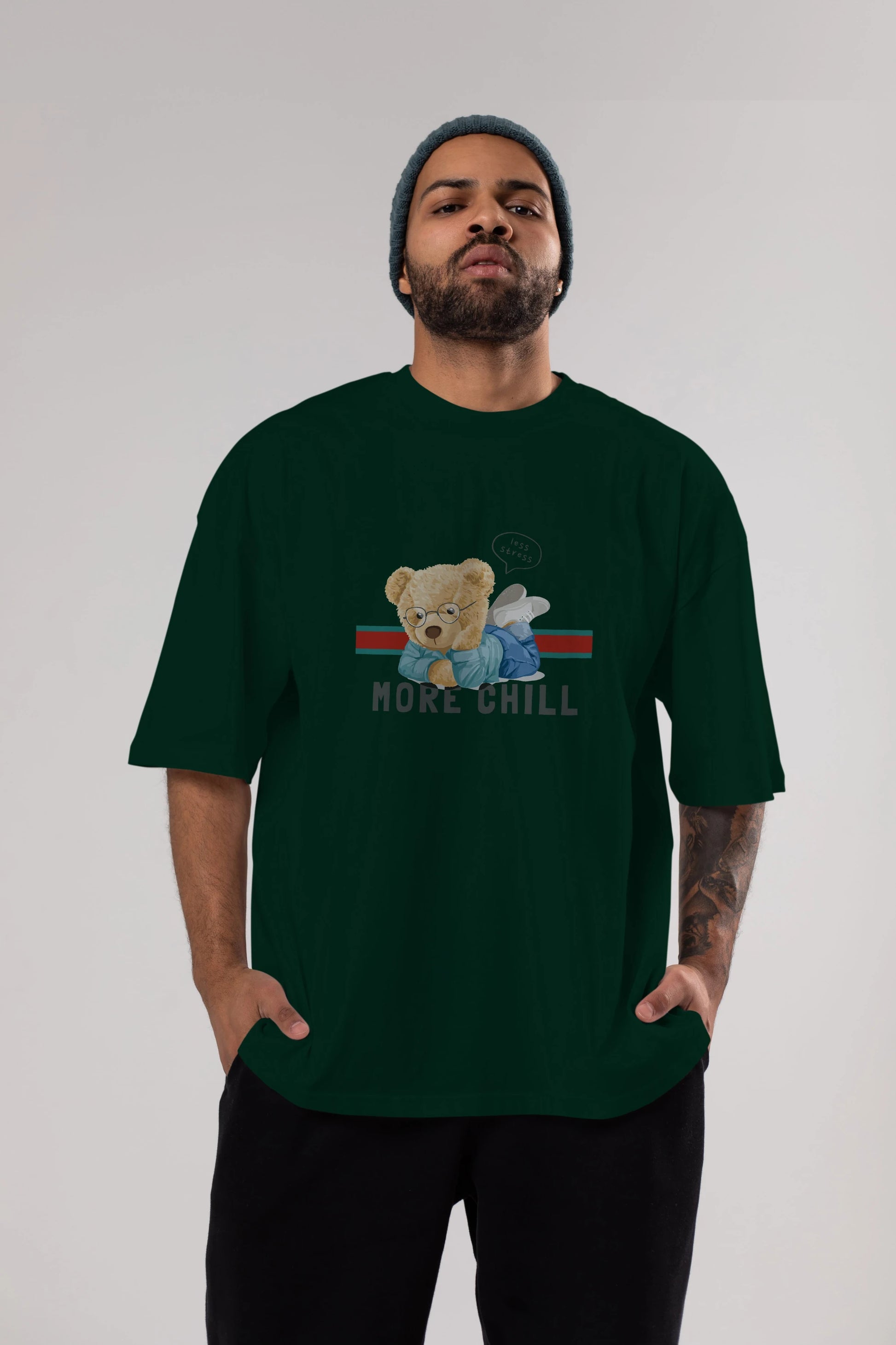 Teddy Bear More Chill Ön Baskılı Oversize t-shirt Erkek Kadın Unisex %100 Pamuk