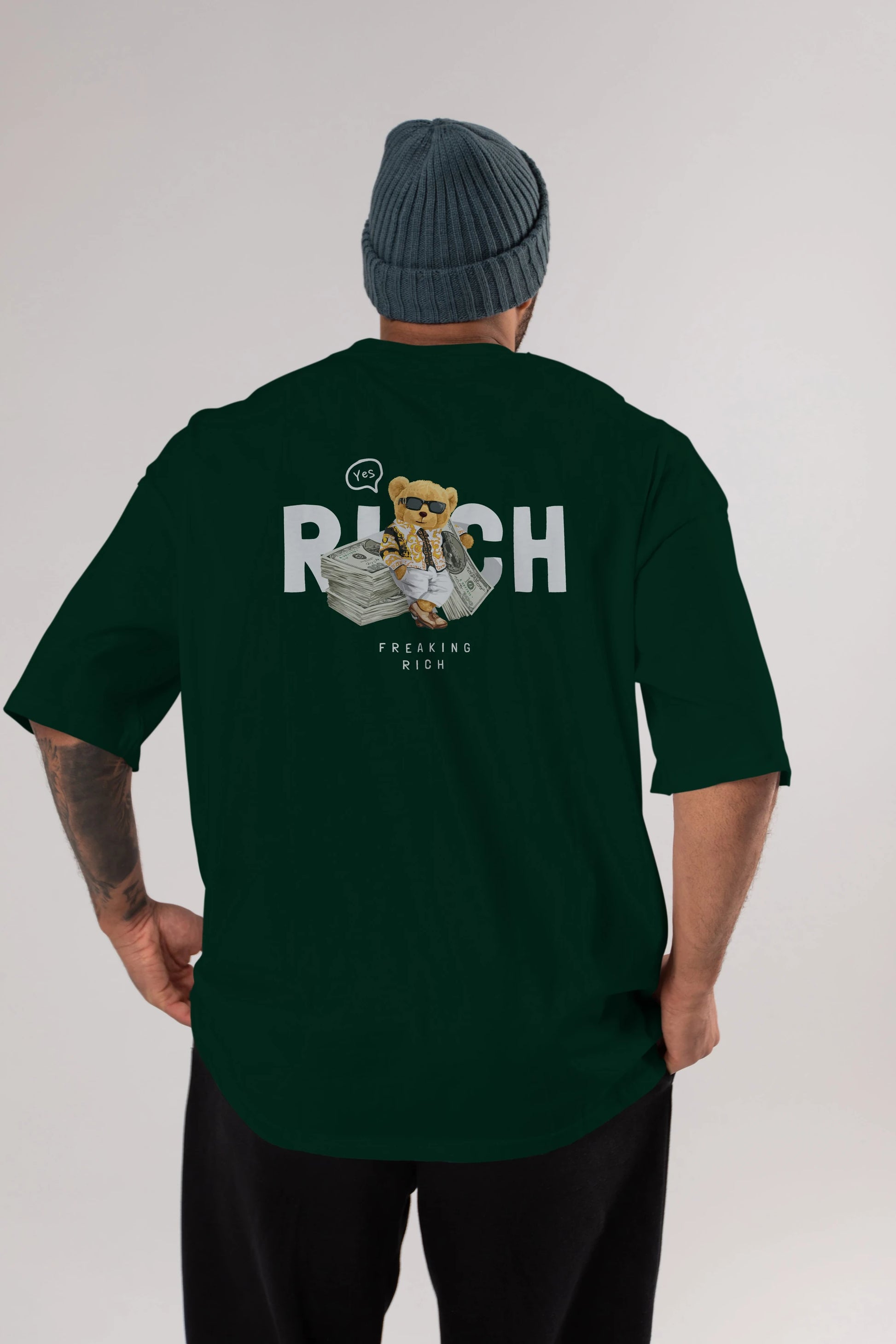 Teddy Bear Freakıng Rich Arka Baskılı Oversize t-shirt Erkek Kadın Unisex %100 Pamuk