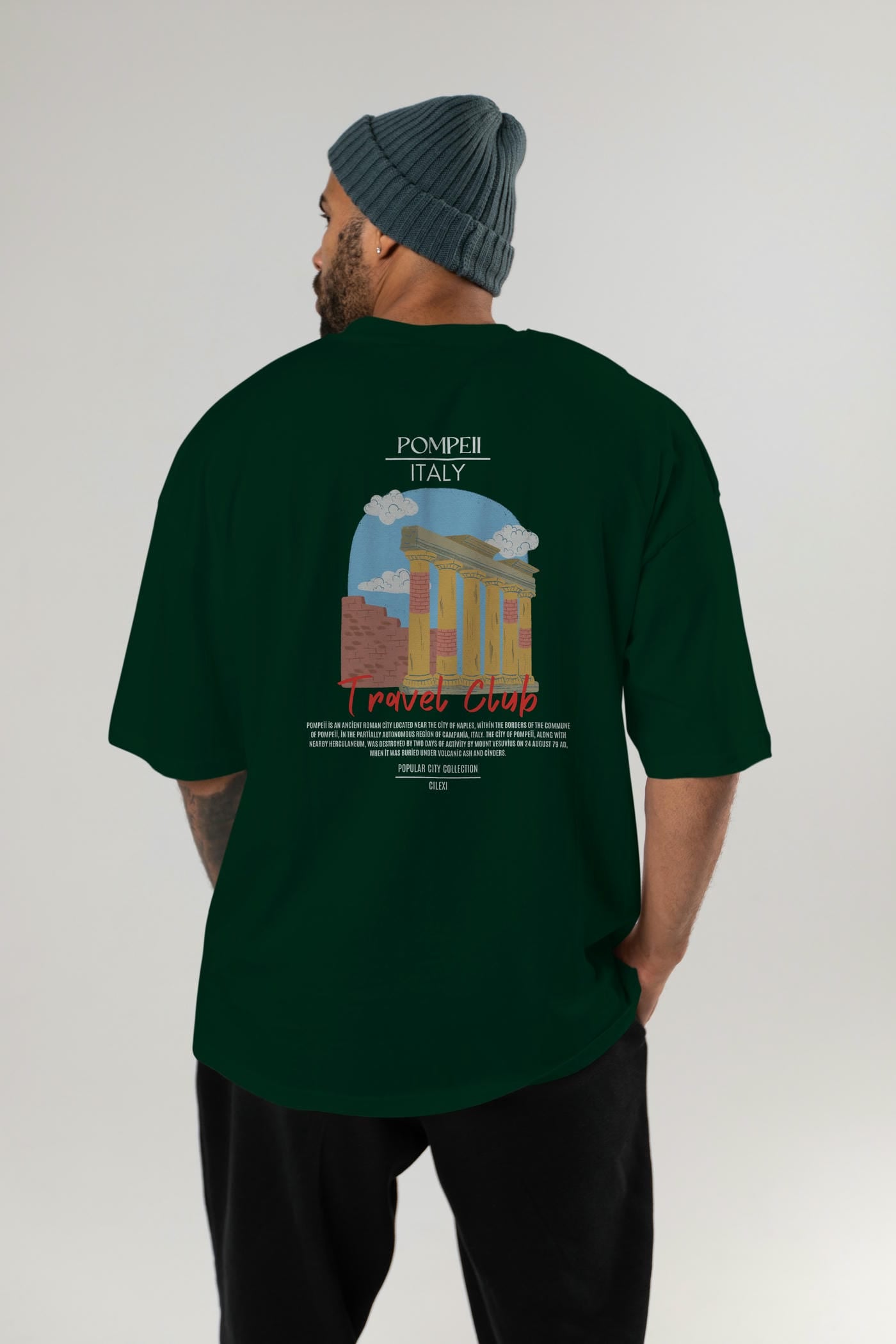 Pompeii İtaly Arka Baskılı Oversize t-shirt Erkek Kadın Pamuk Bisiklet Yaka tişort