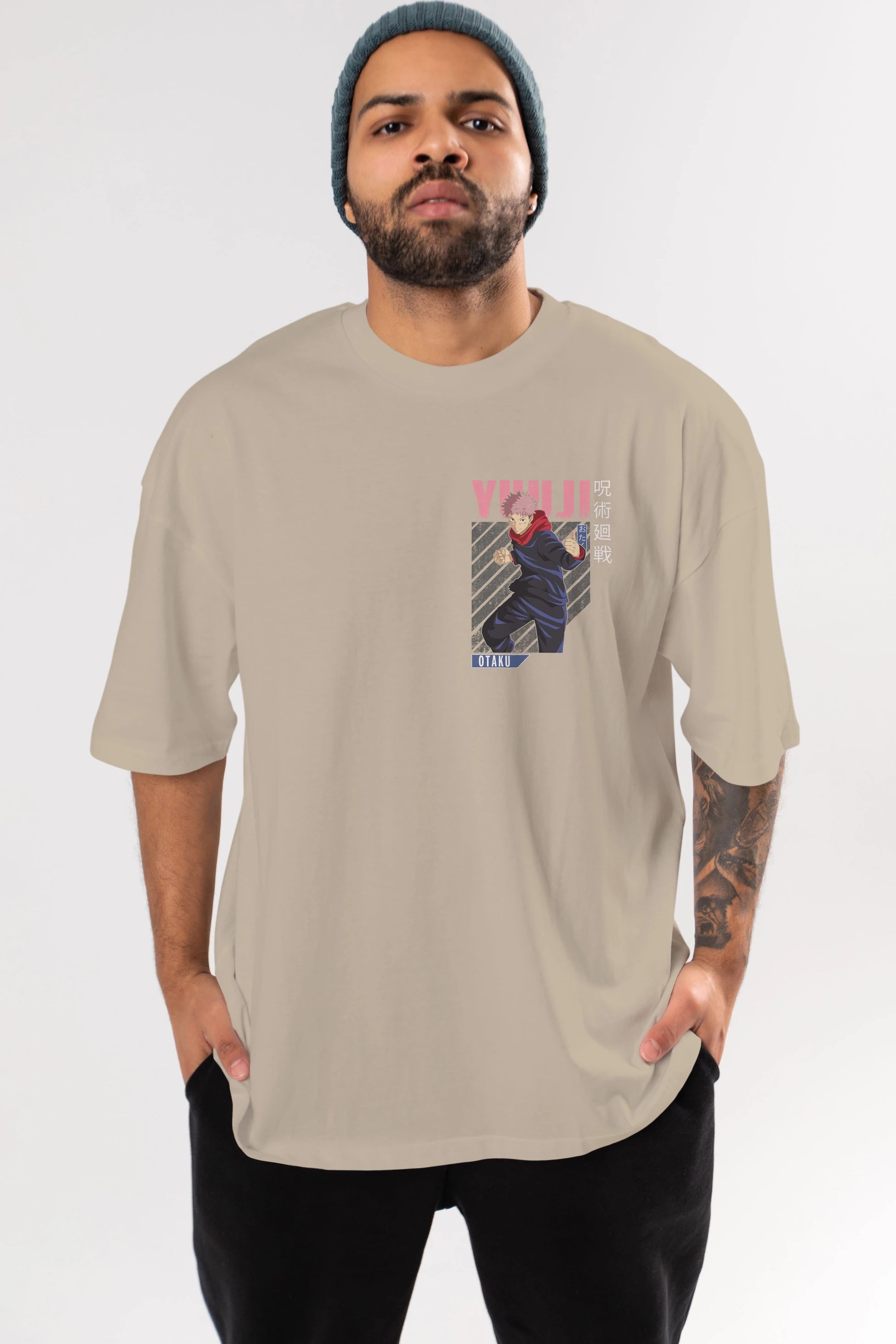 Yuuji Itadori Ön Sol Baskılı Oversize t-shirt Erkek Kadın Unisex %100 Pamuk Bisiklet Yaka tişort