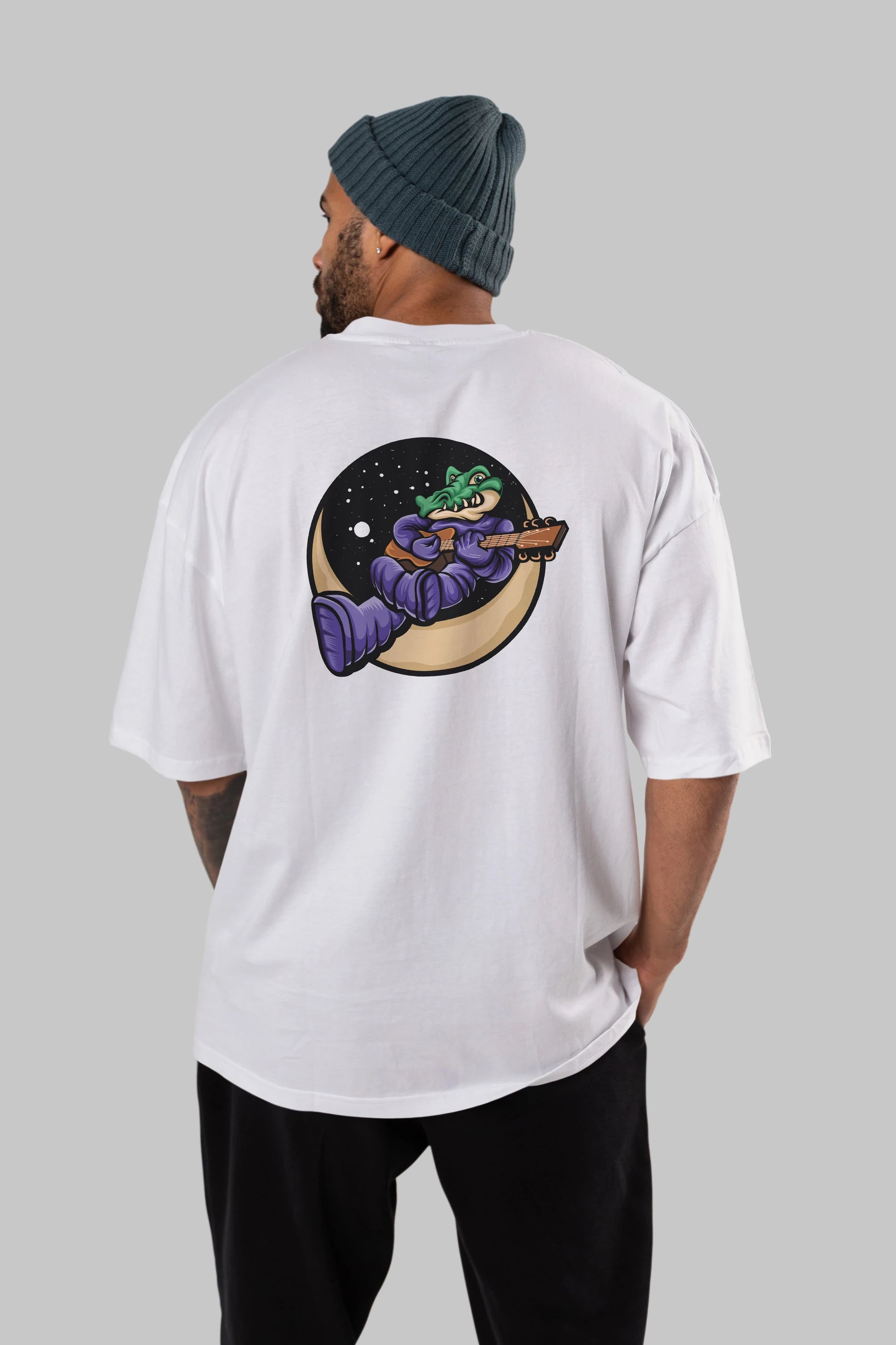 Space Crocodile Arka Baskılı Oversize t-shirt Erkek Kadın Unisex
