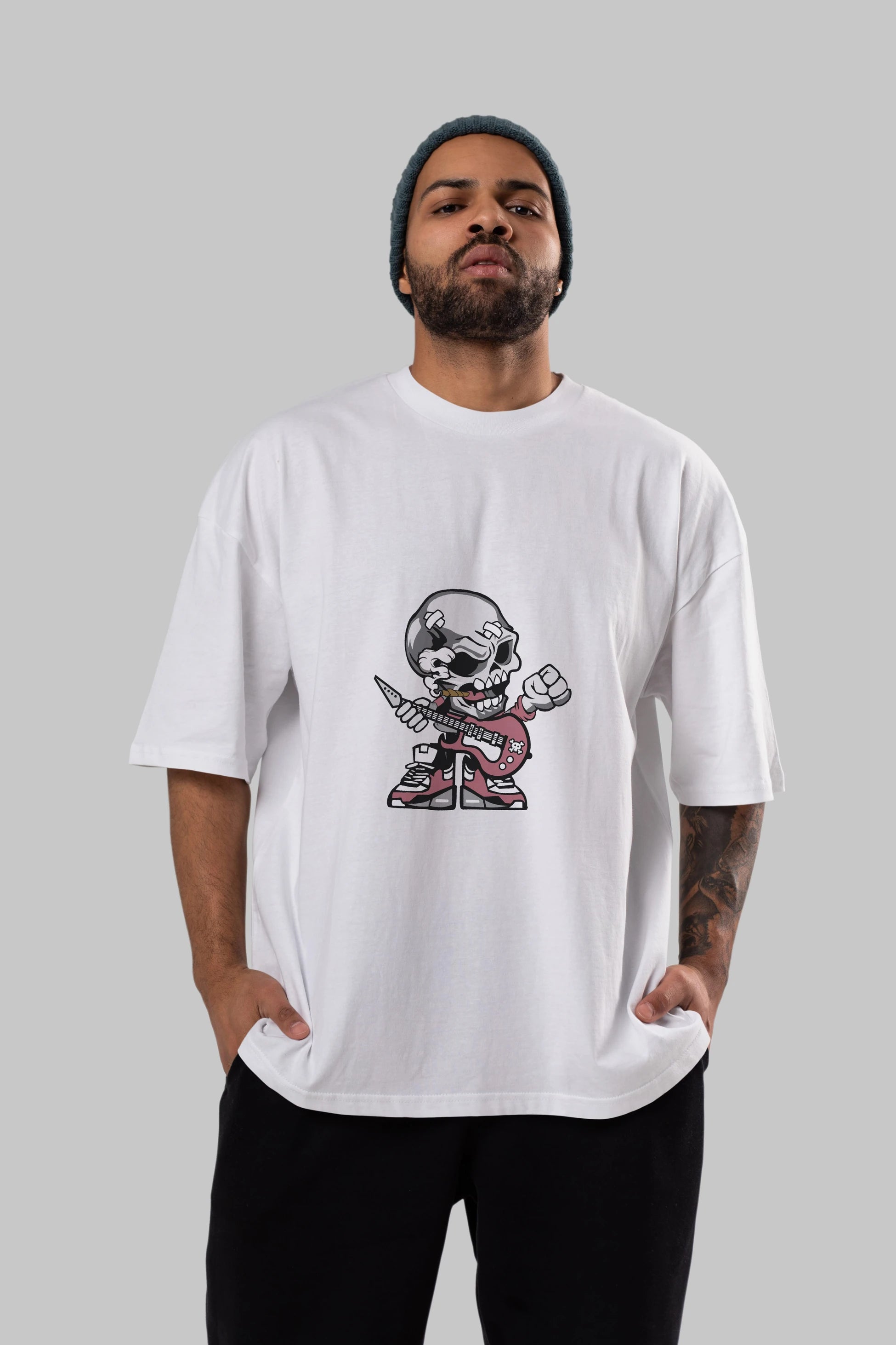 Skull Rockstar Ön Baskılı Oversize t-shirt Erkek Kadın Unisex %100 Pamuk tişort