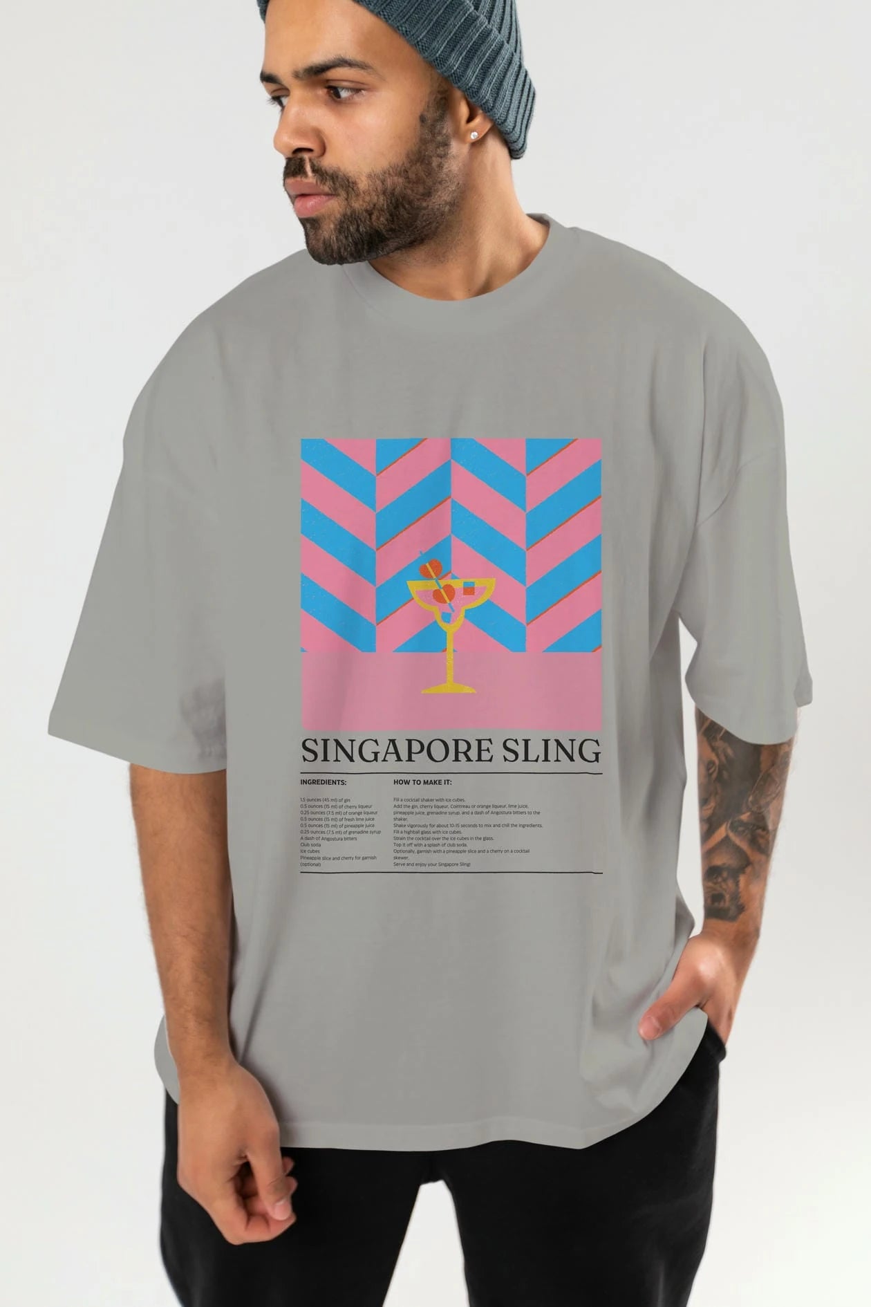 Sıngapore Sling Kokteyl Ön Baskılı Oversize t-shirt Erkek Kadın %100 Pamuk Bisiklet Yaka tişort