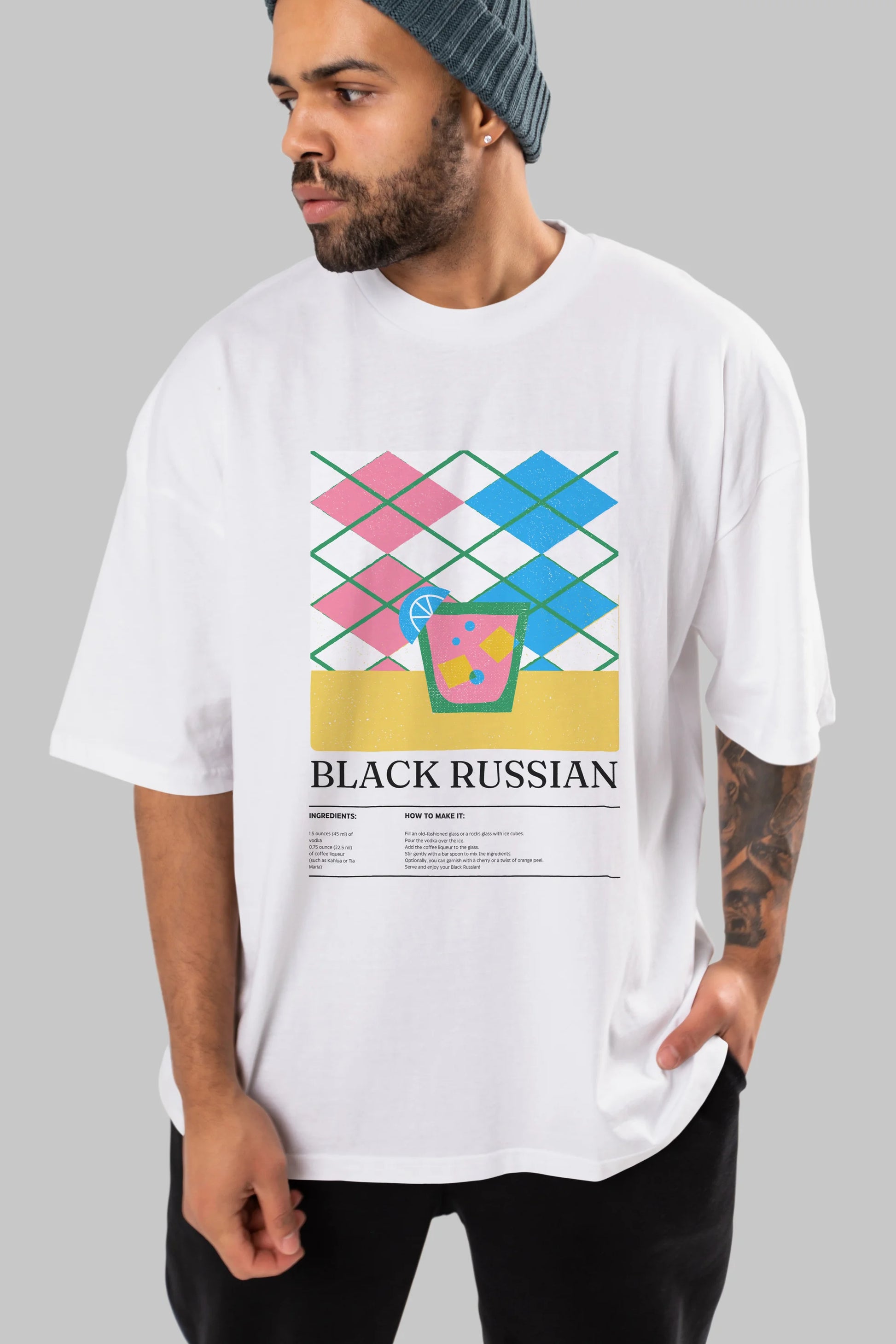 Black Russian Kokteyl Ön Baskılı Oversize t-shirt Erkek Kadın %100 Pamuk Bisiklet Yaka tişort