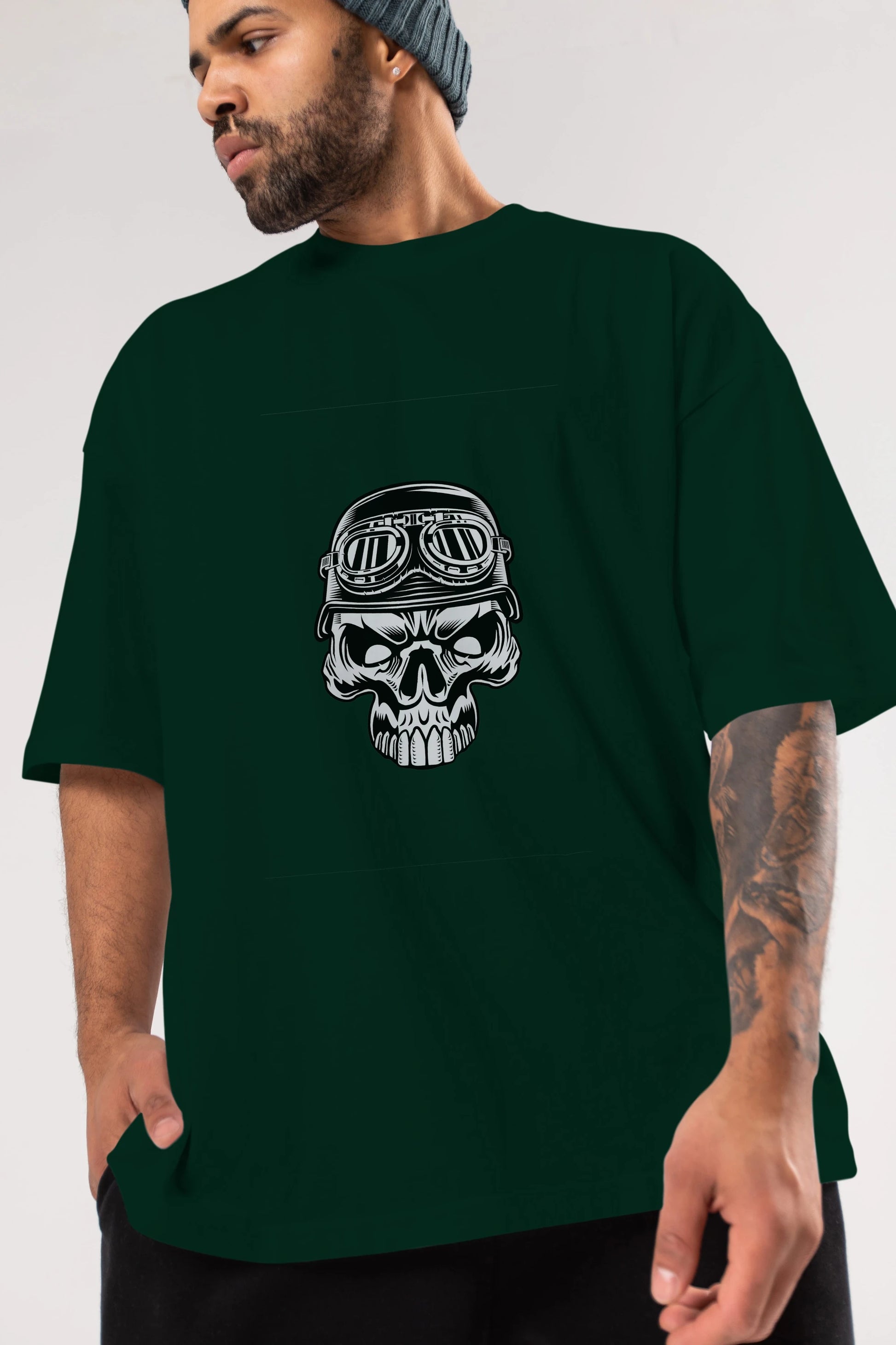 Biker Skull Helmet Ön Baskılı Oversize t-shirt Erkek Kadın Unisex %100 Pamuk tişort