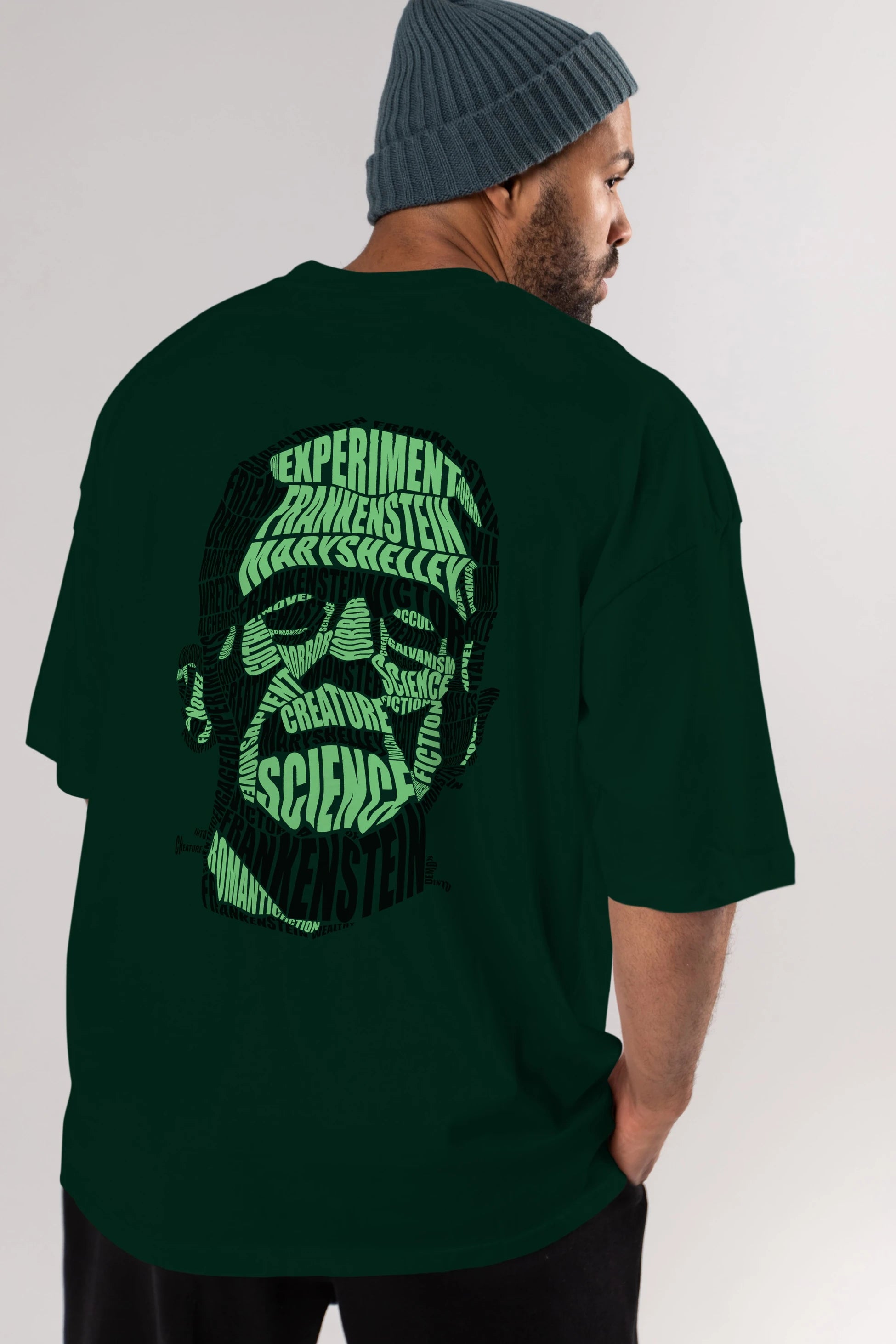 Frankenstein Calligram Arka Baskılı Oversize t-shirt %100 pamuk Erkek Kadın Unisex