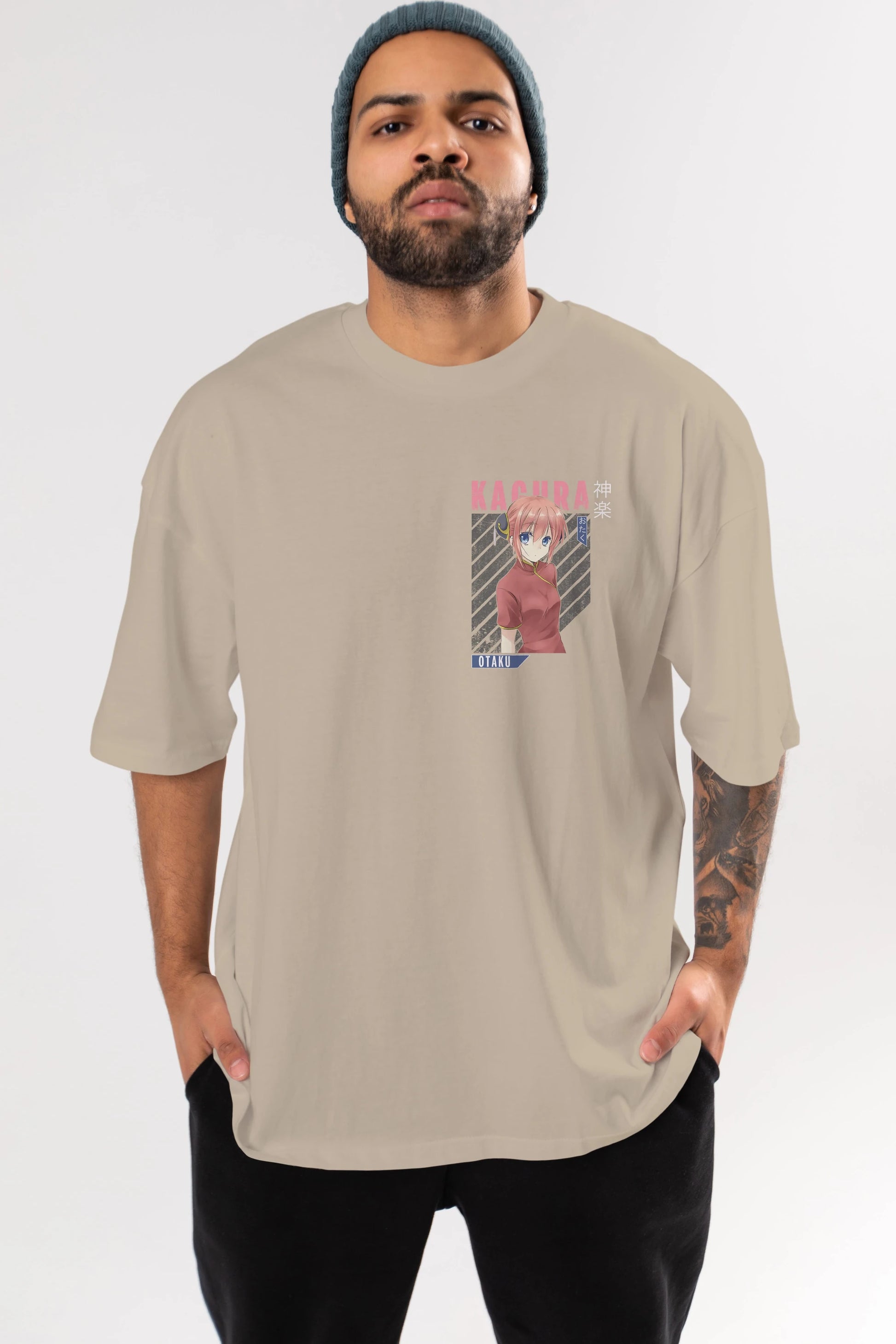 Kagura GINTAMA Ön Sol Baskılı Oversize t-shirt Erkek Kadın Unisex %100 Pamuk Bisiklet Yaka tişort