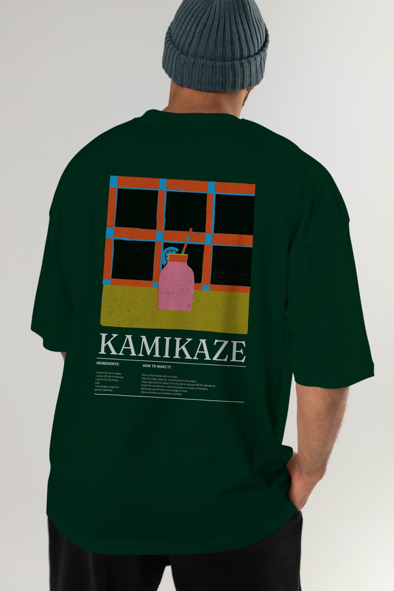 Kamikaze Kokteyl Serisi Arka Baskılı Oversize t-shirt Erkek Kadın %100 Pamuk Bisiklet Yaka tişort