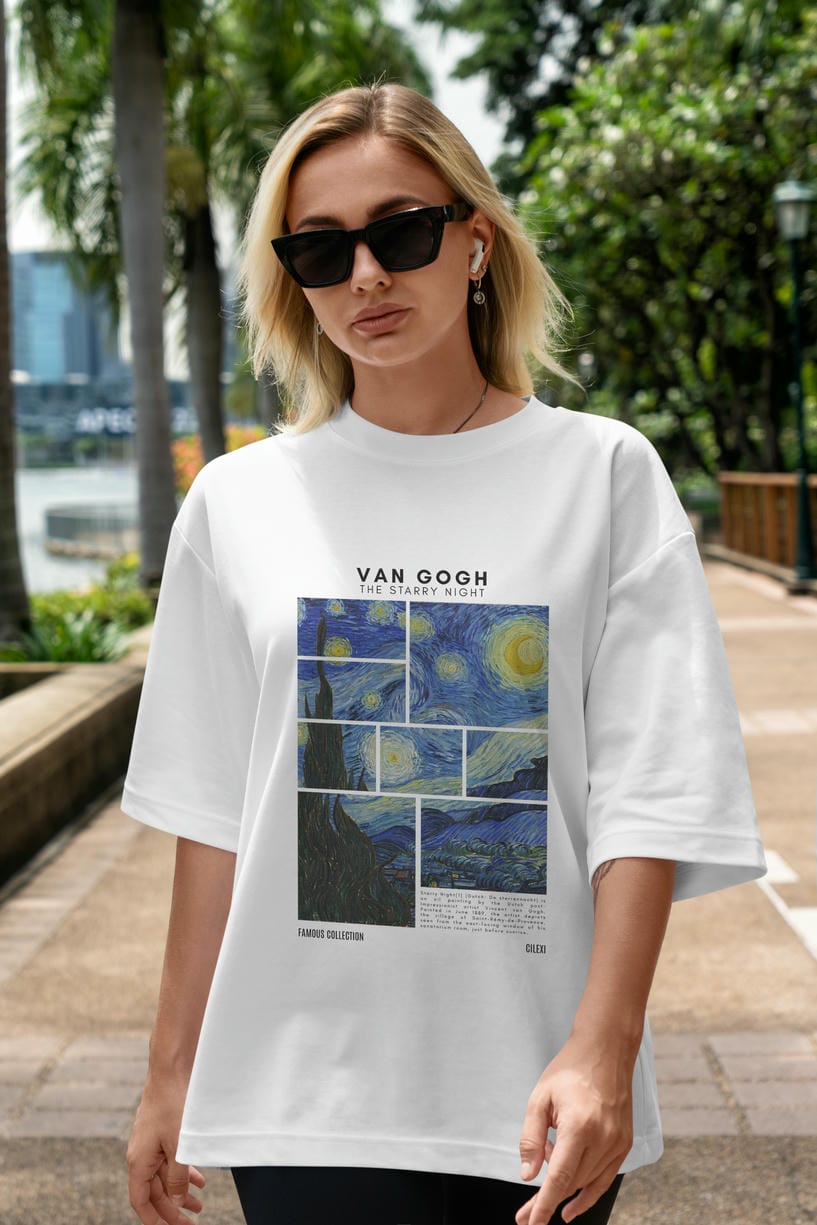 Van Gogh The Starry Night ön Baskılı Oversize t-shirt Erkek Kadın Bisiklet Yaka Pamuk tişort