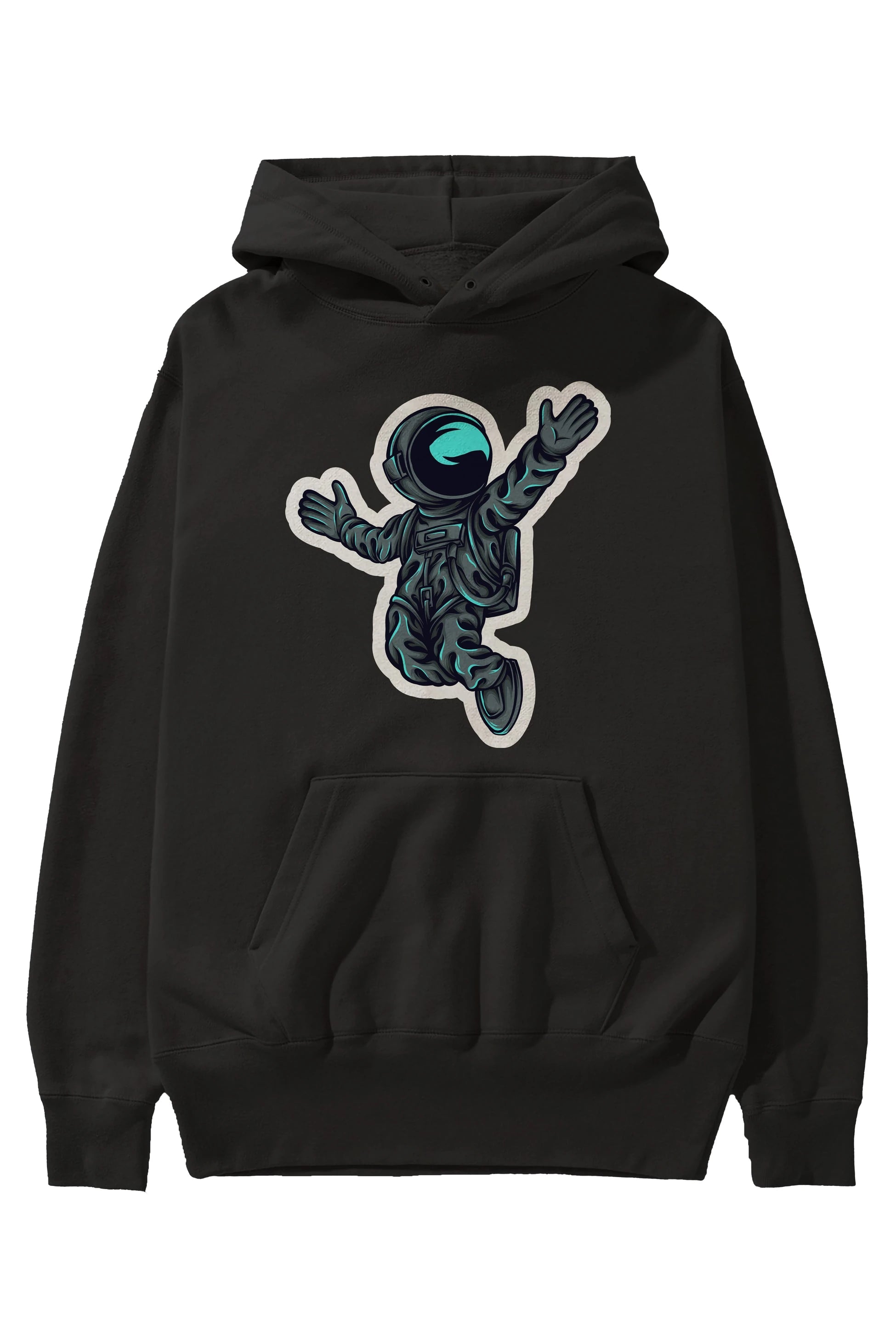 Happy Astronaut Sticker Ön Baskılı Hoodie Oversize Kapüşonlu Sweatshirt Erkek Kadın Unisex