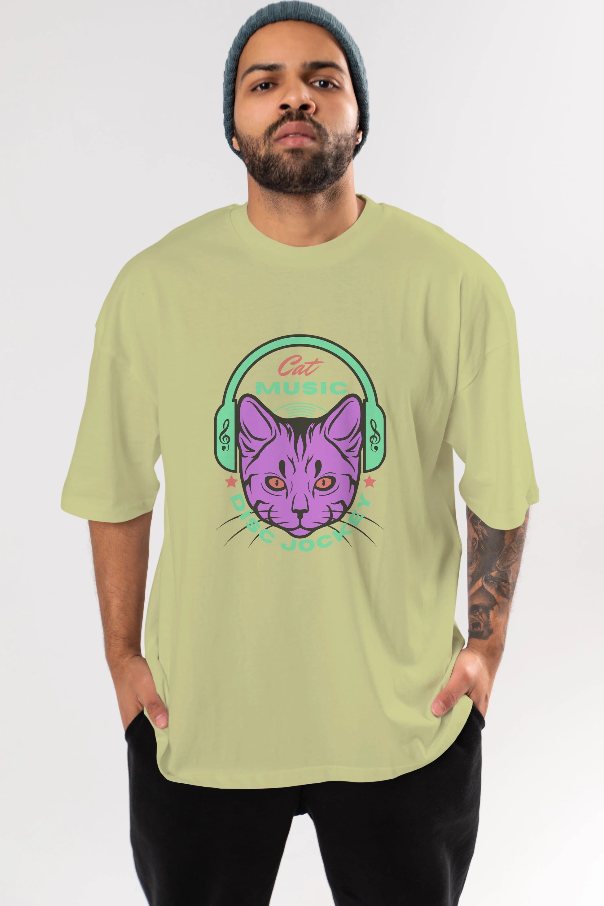 Cat Music Ön Baskılı Oversize t-shirt Erkek Kadın Unisex
