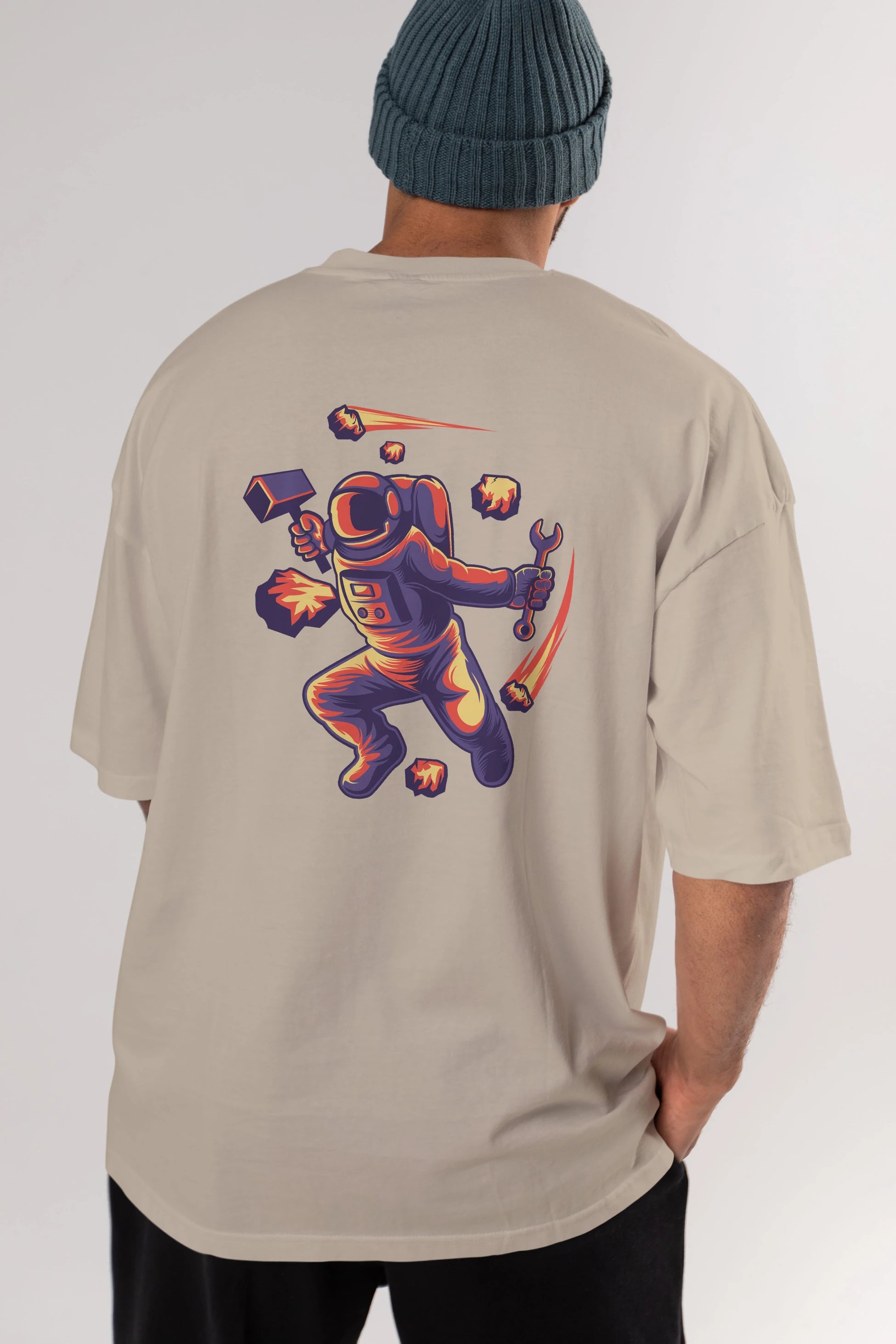 Astronaut Block Meteor Arka Baskılı Oversize t-shirt Erkek Kadın Unisex
