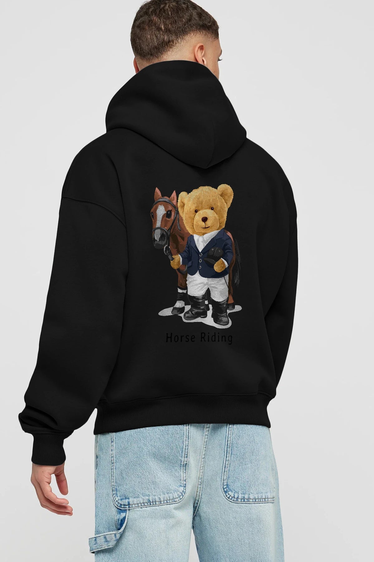Teddy Bear Horse Riding Arka Baskılı Hoodie Oversize Kapüşonlu Sweatshirt Erkek Kadın Unisex