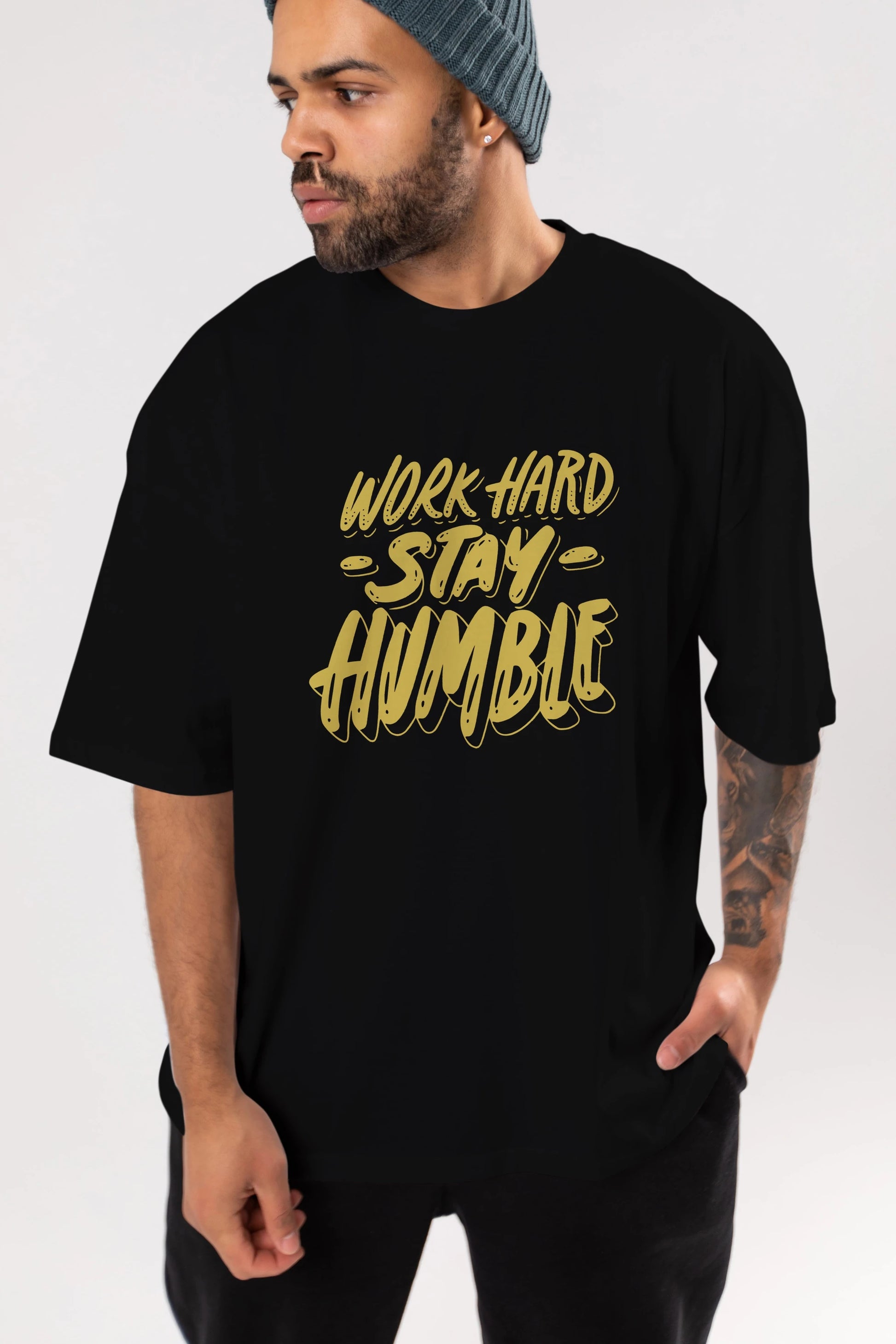 Word Hard Yazılı Ön Baskılı Oversize t-shirt Erkek Kadın Unisex