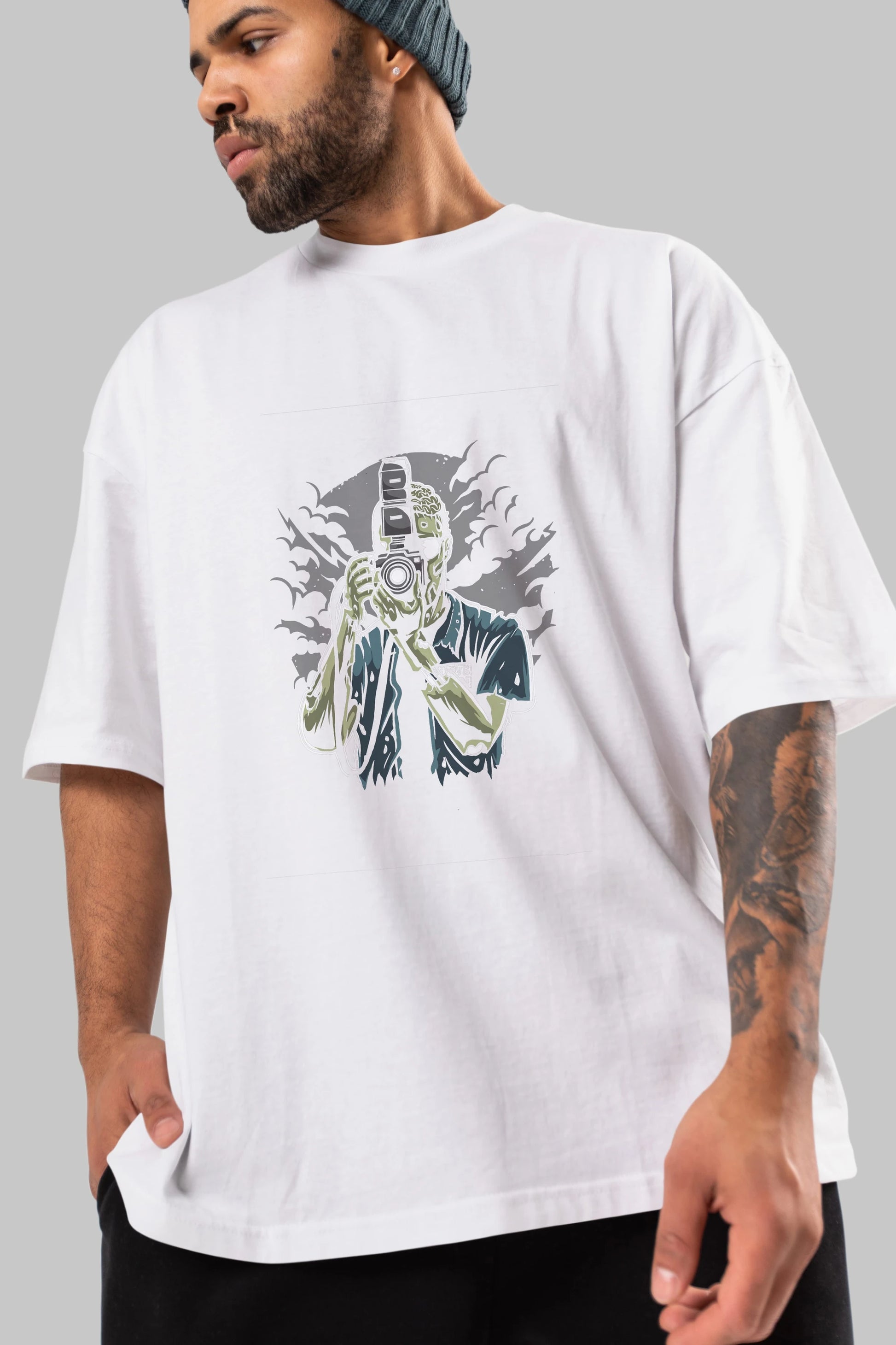 Zombie Photographer Ön Baskılı Oversize t-shirt Erkek Kadın Unisex %100 Pamuk tişort