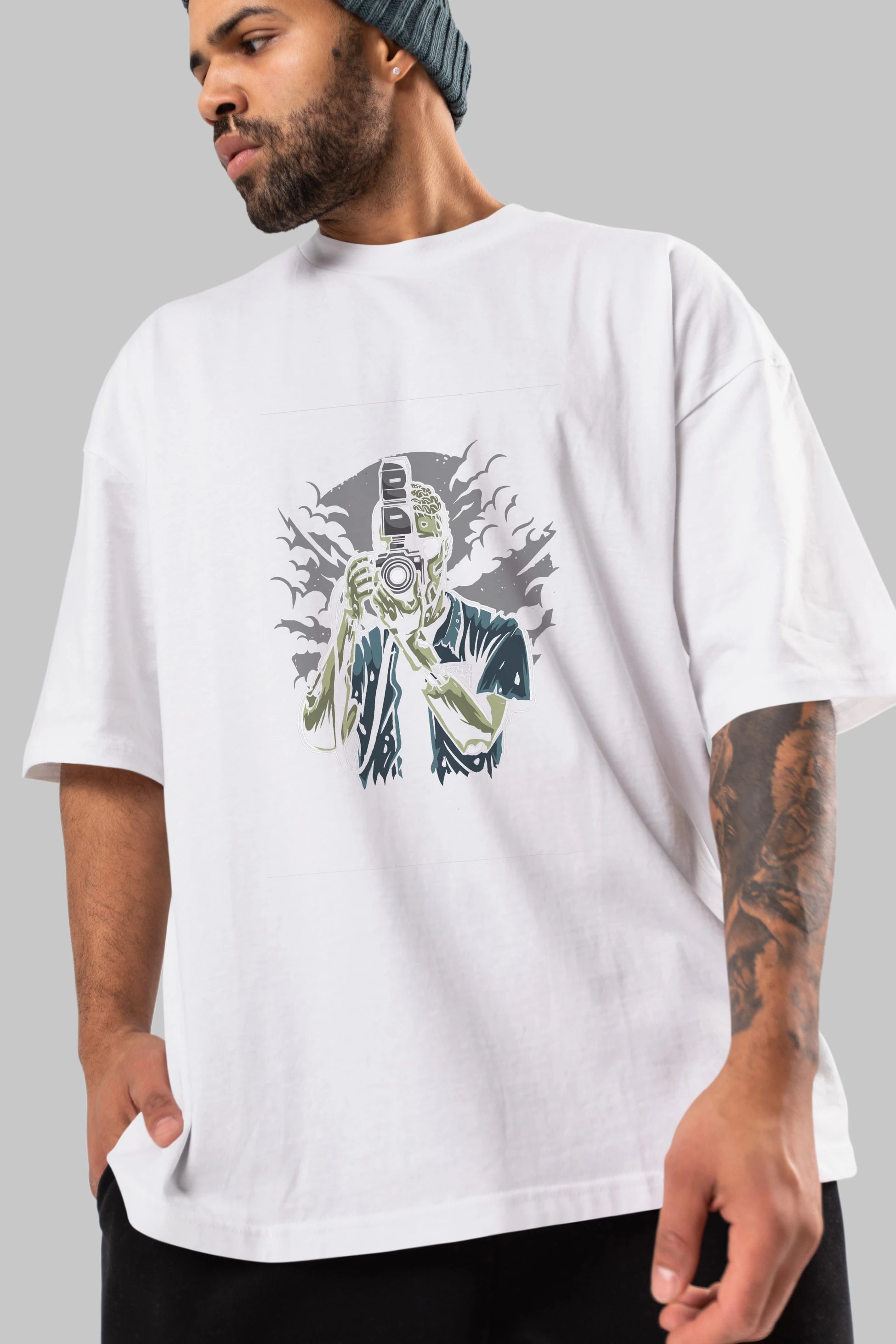 Zombie Photographer Ön Baskılı Oversize t-shirt Erkek Kadın Unisex %100 Pamuk tişort