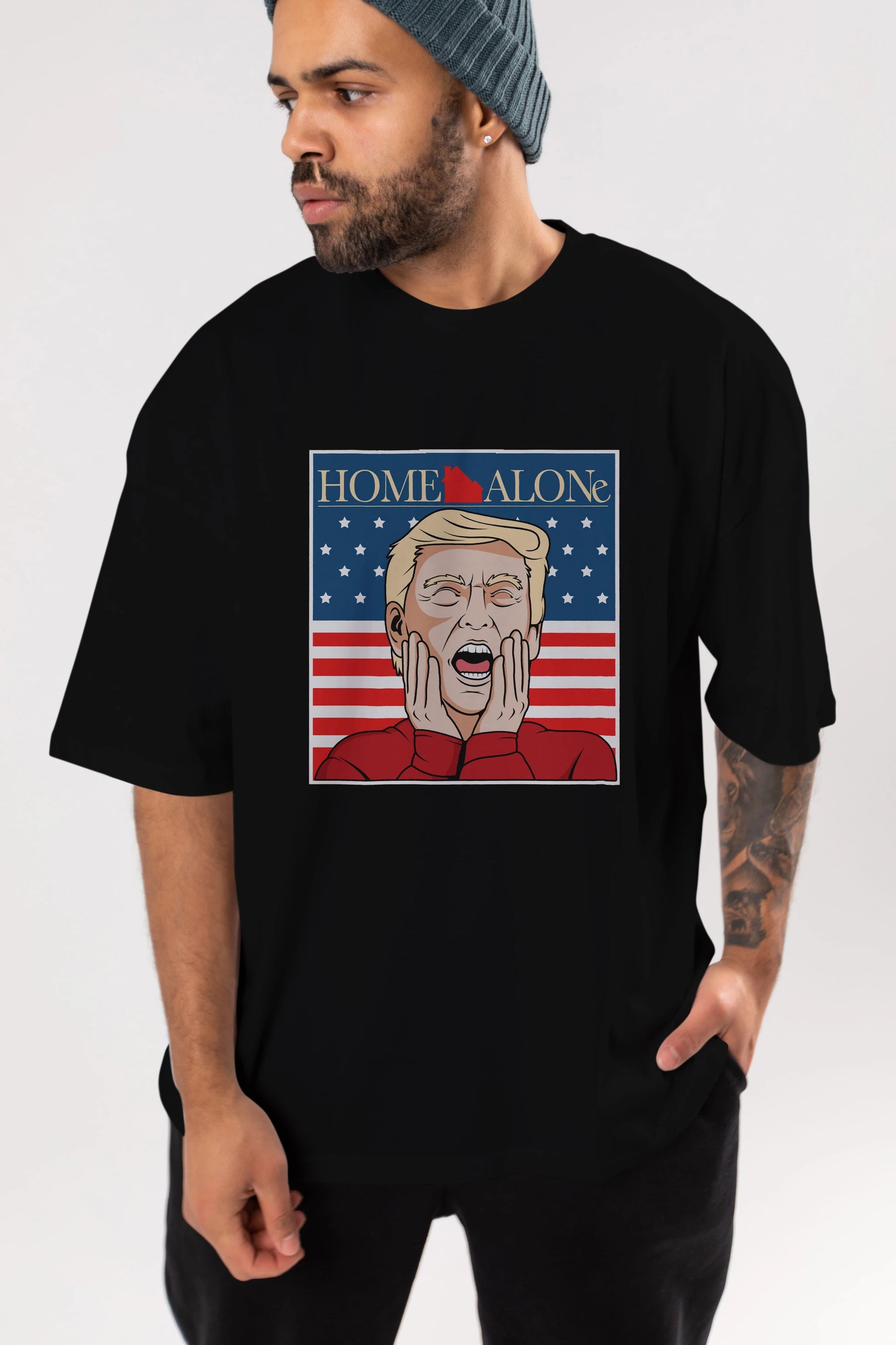 Home Alone Trump Ön Baskılı Oversize t-shirt Erkek Kadın Unisex %100 Pamuk tişort