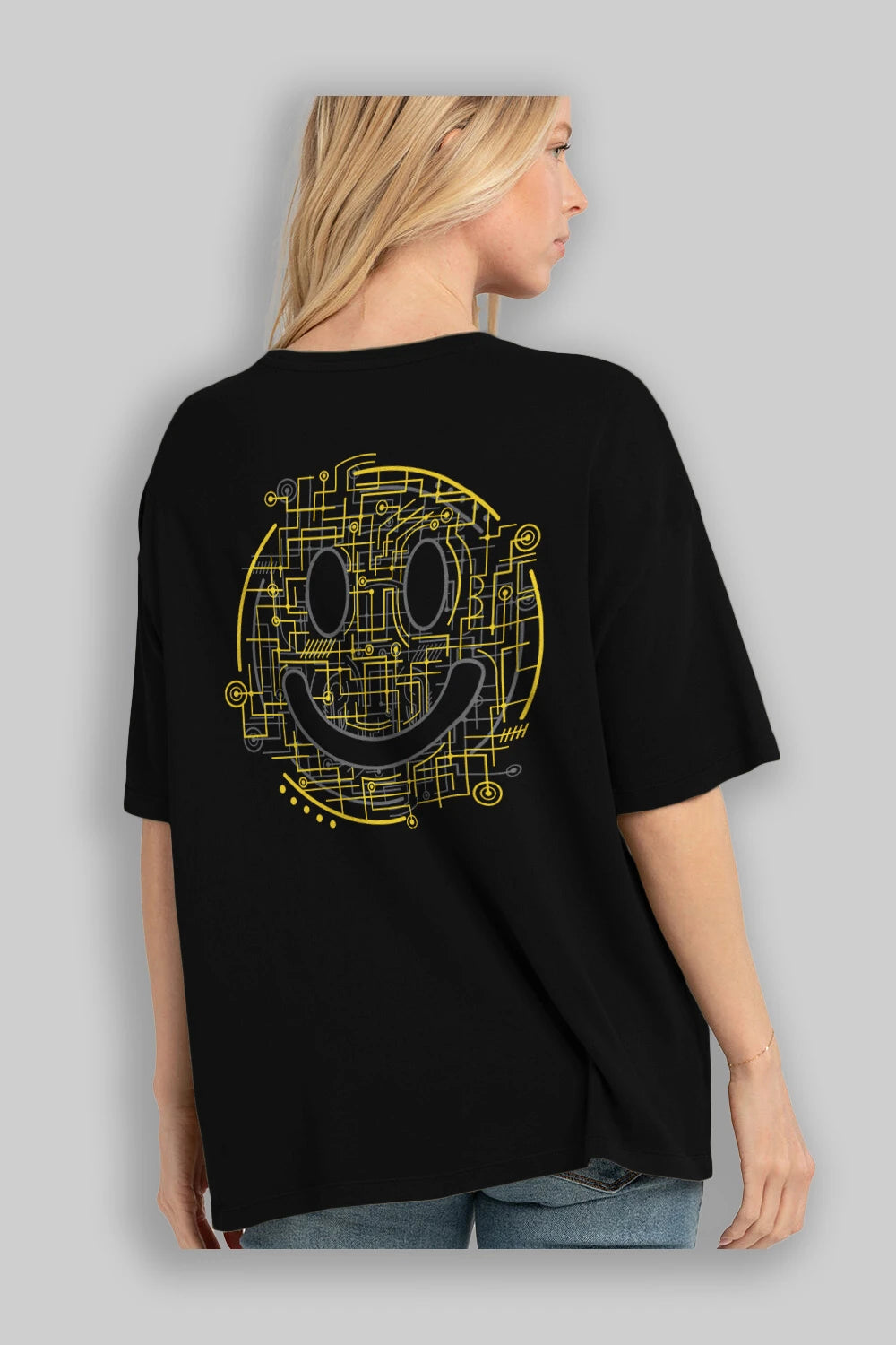 Electric Smiley Arka Baskılı Oversize t-shirt %100 pamuk Erkek Kadın Unisex