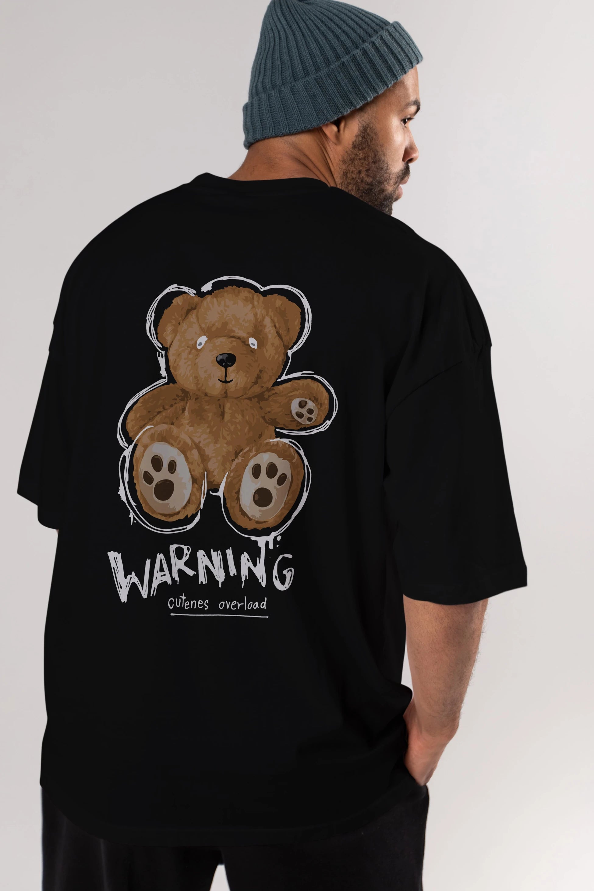 Warning Cuteness Bear Arka Baskılı Oversize t-shirt Erkek Kadın Unisex