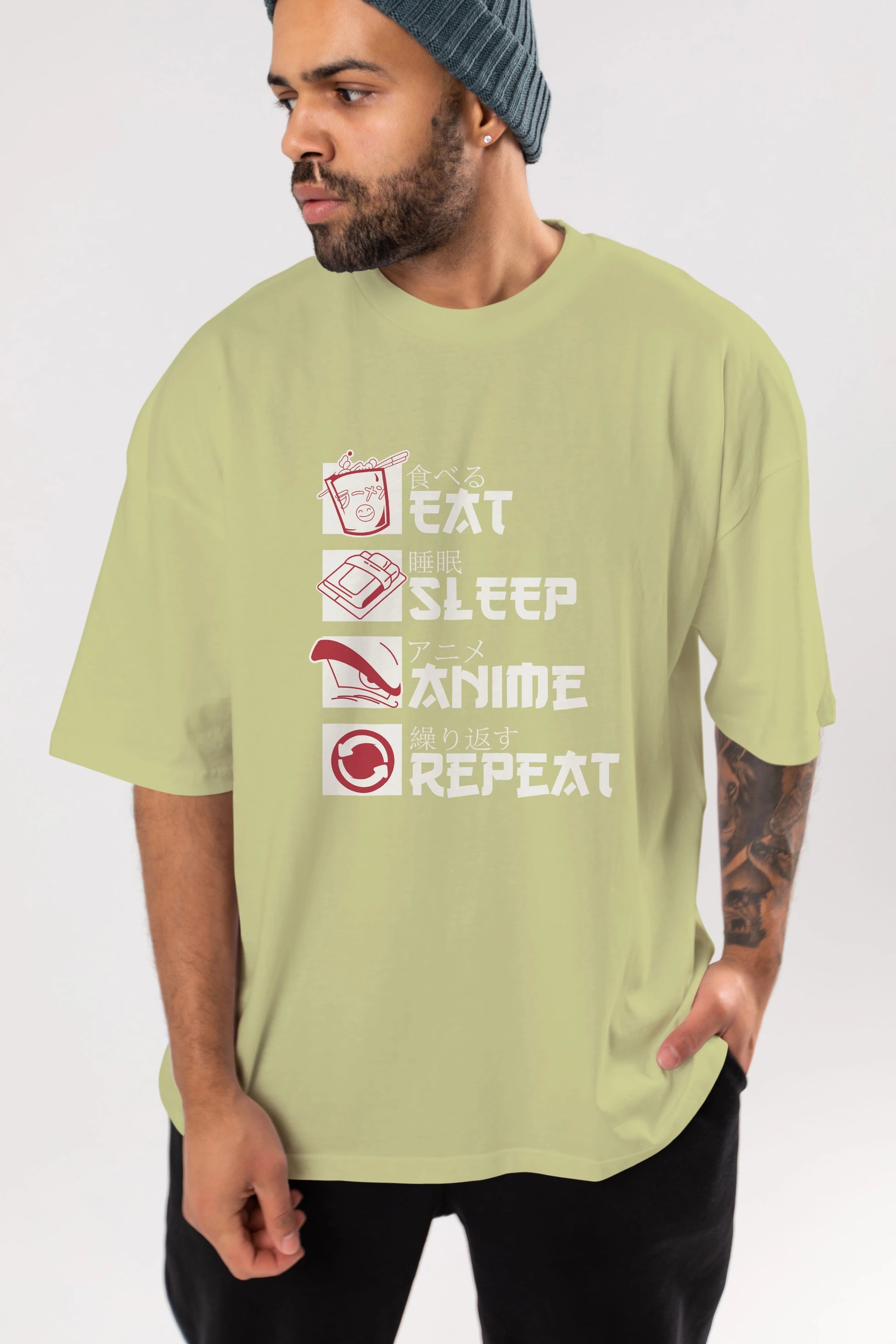 Eat, Sleep, Anime, Repeat Anime Ön Baskılı Oversize t-shirt %100 pamuk Erkek Kadın Unisex