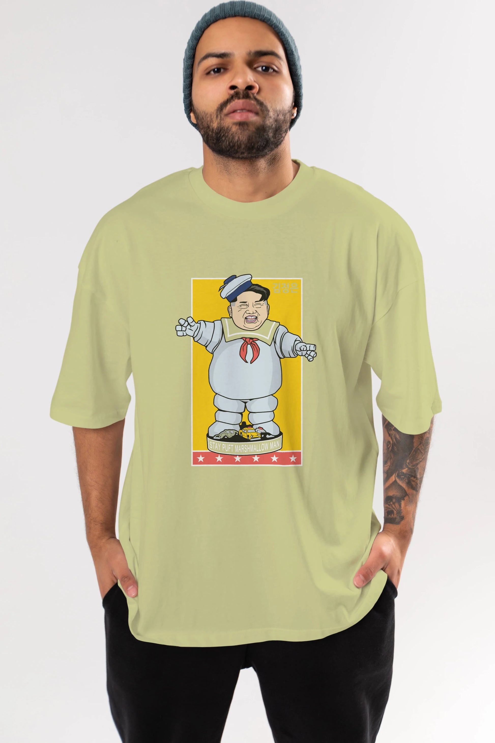 Stay Puft Jong Un Ön Baskılı Oversize t-shirt Erkek Kadın Unisex %100 Pamuk tişort
