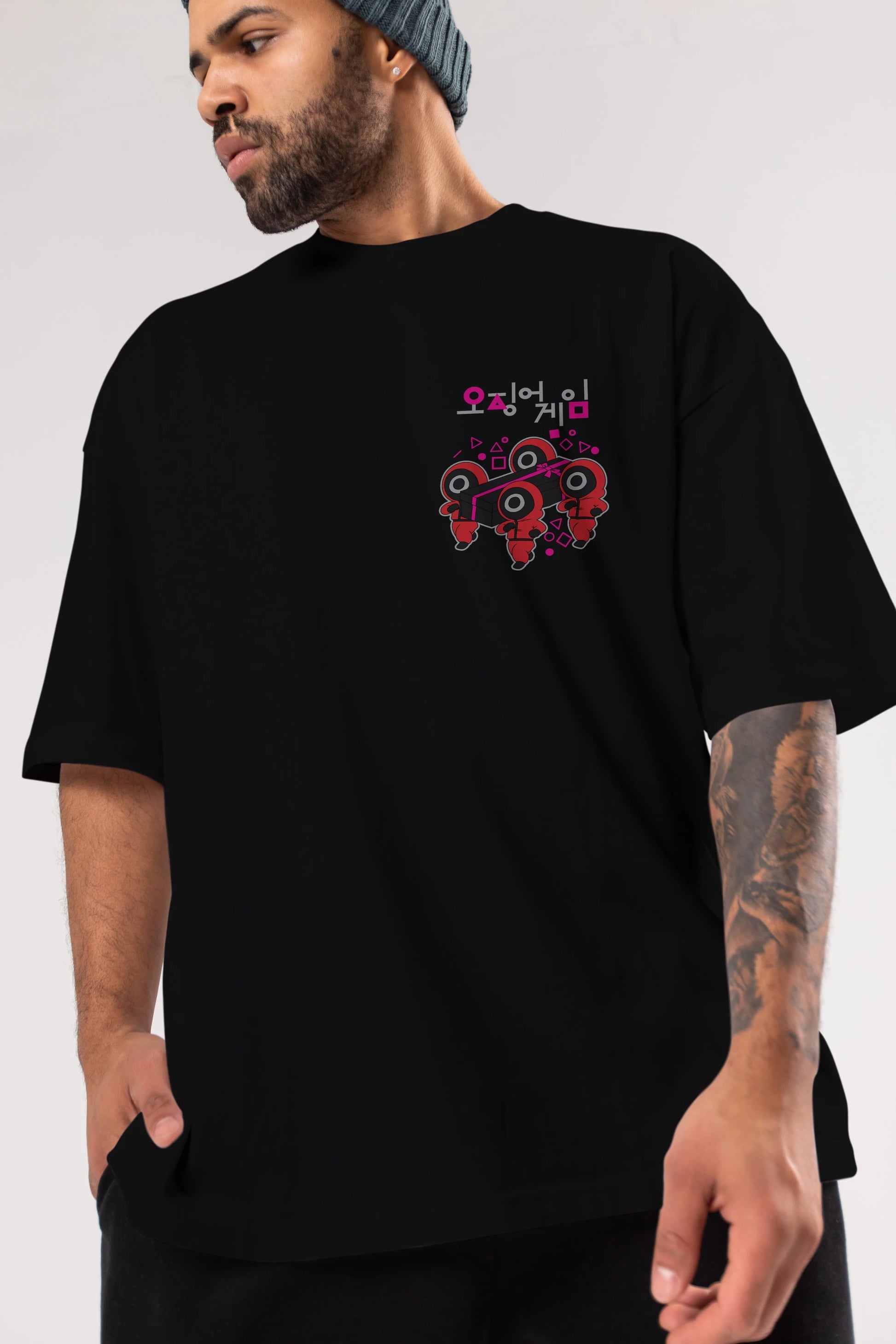 Squid Game (6) Ön Sol Baskılı Oversize t-shirt Erkek Kadın Unisex %100 Pamuk Bisiklet Yaka tişort