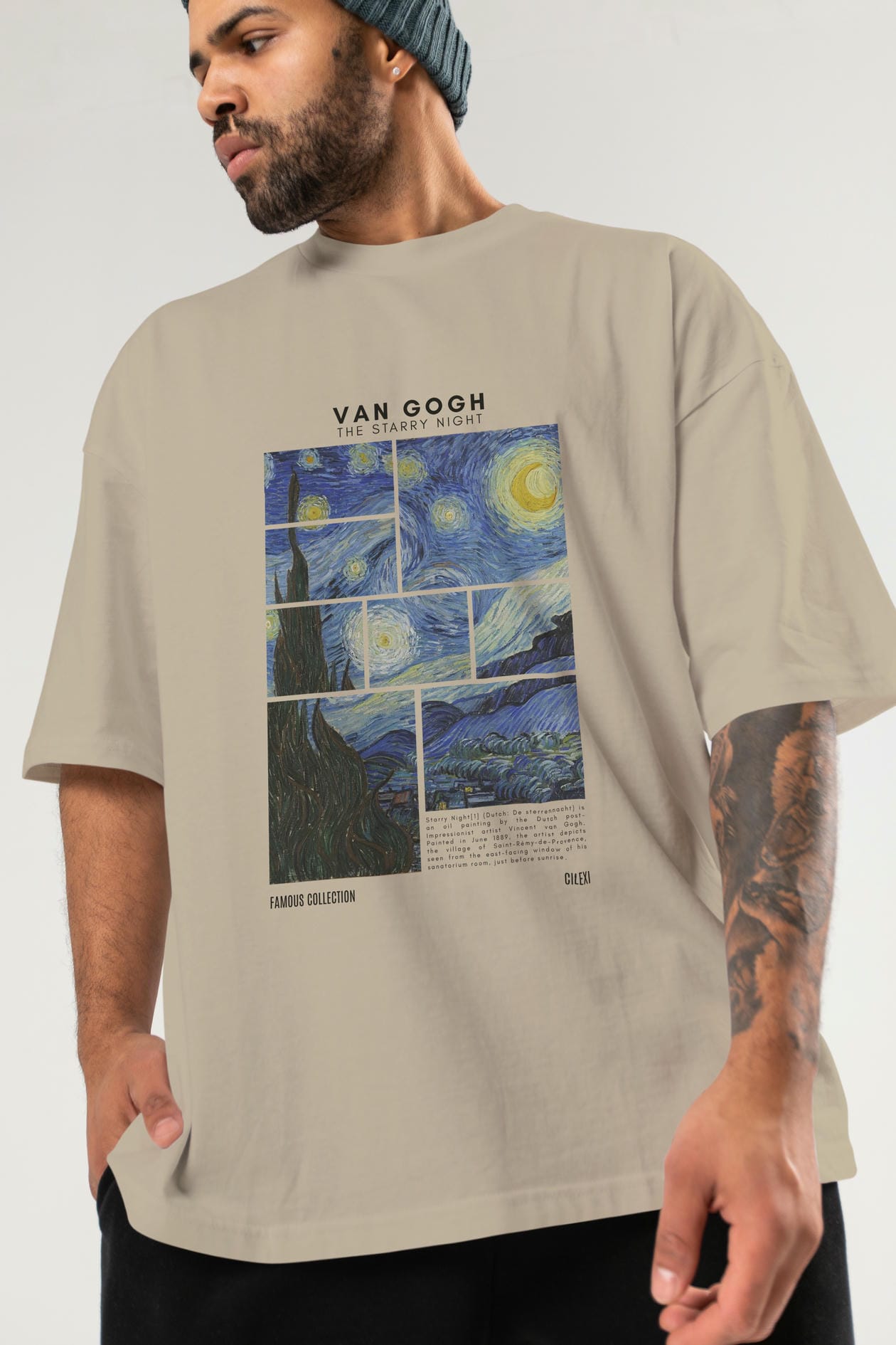Van Gogh The Starry Night ön Baskılı Oversize t-shirt Erkek Kadın Bisiklet Yaka Pamuk tişort