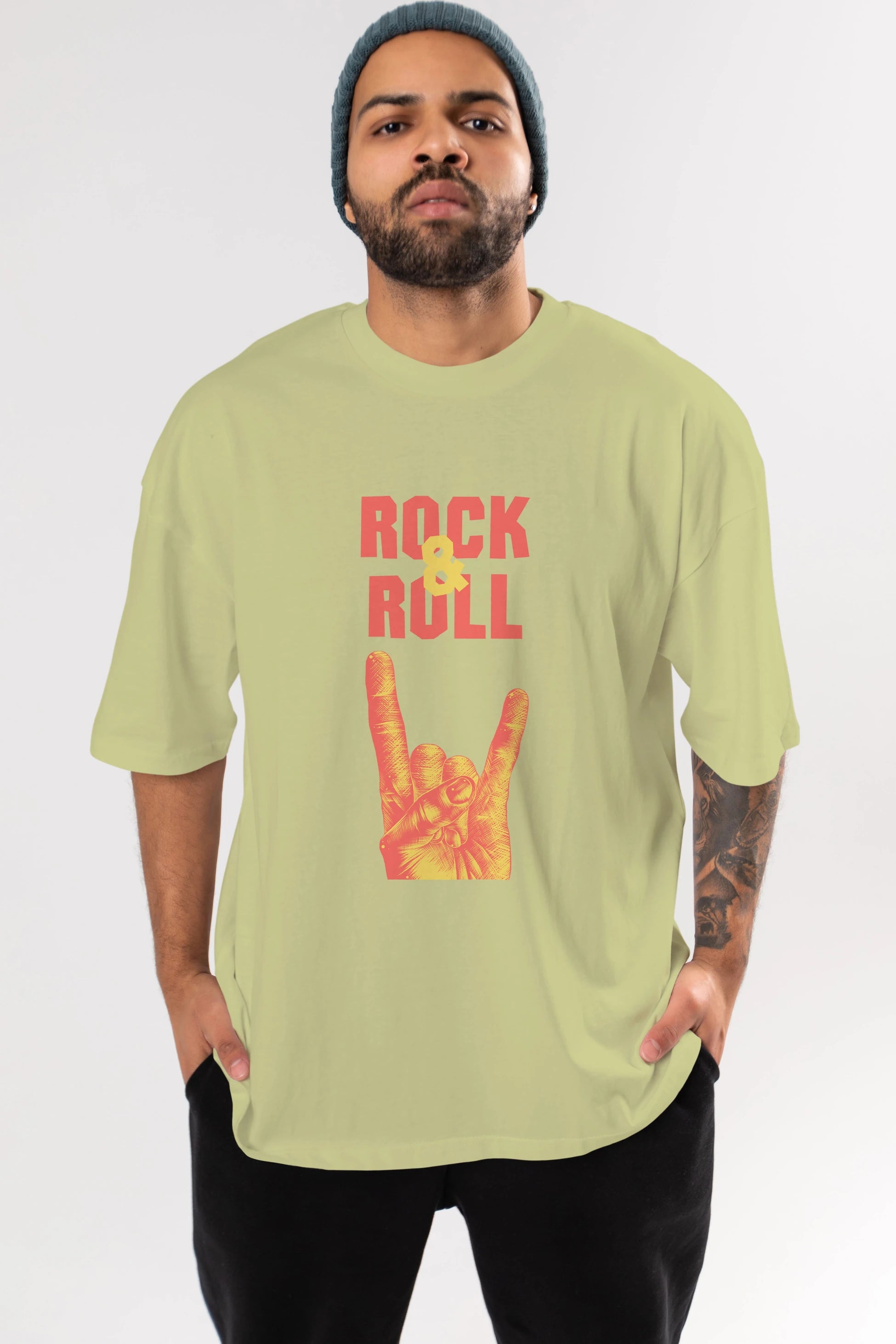 Rock & Roll Yazılı Ön Baskılı Oversize t-shirt Erkek Kadın Unisex