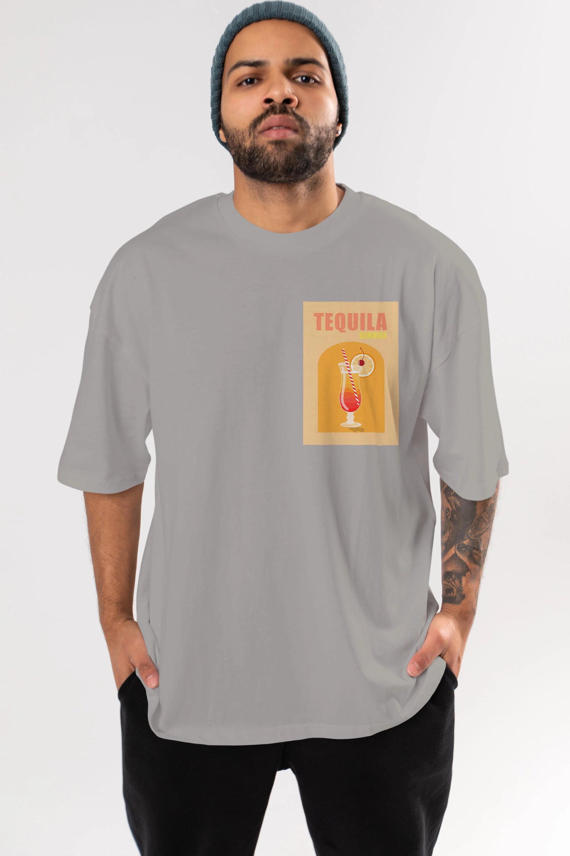 Tequila Sunrise Ön Sol Baskılı Oversize t-shirt Erkek Kadın Unisex %100 Pamuk Bisiklet Yaka tişort