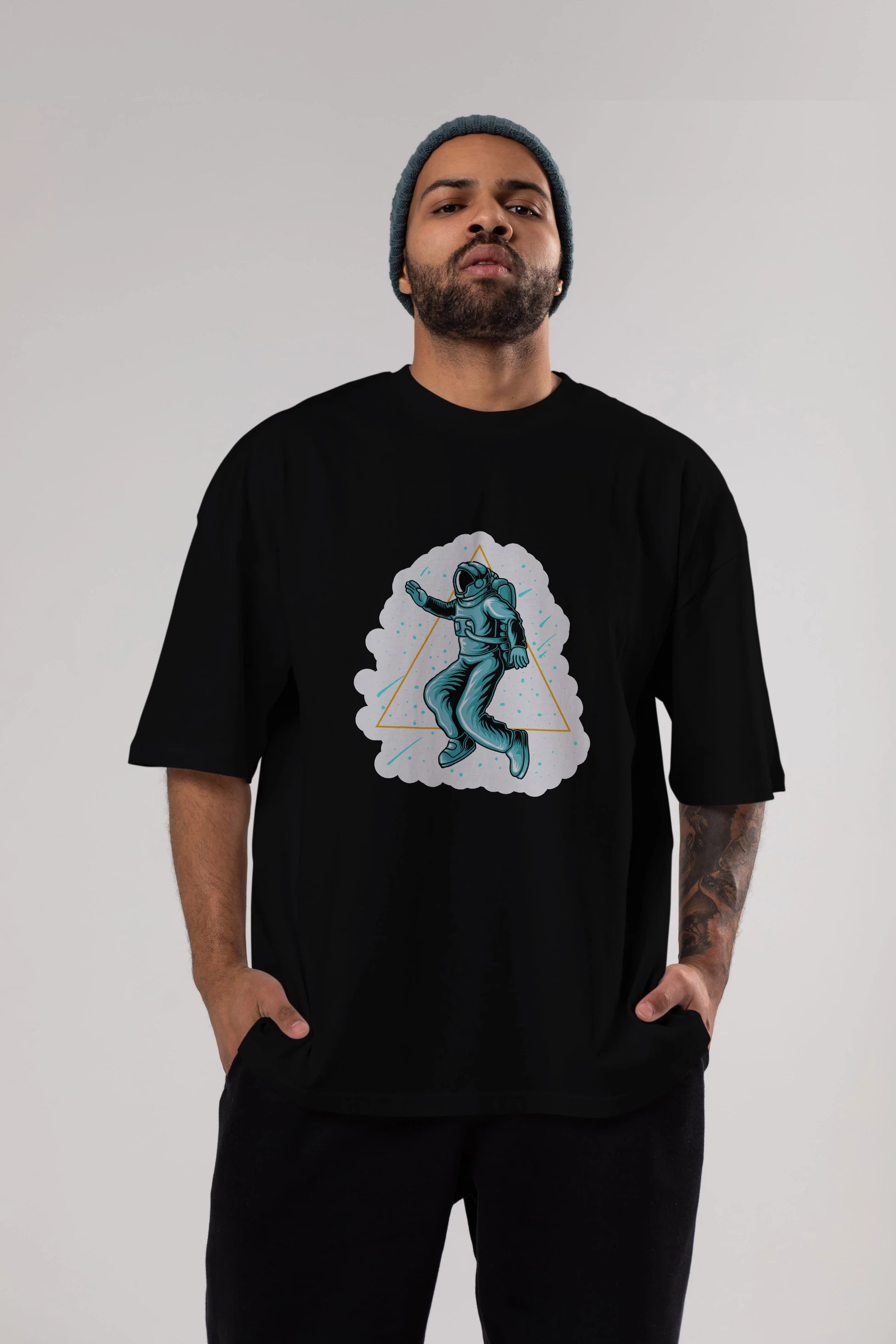 Astronaut Starry Triangle Sticker Ön Baskılı Oversize t-shirt Erkek Kadın Unisex