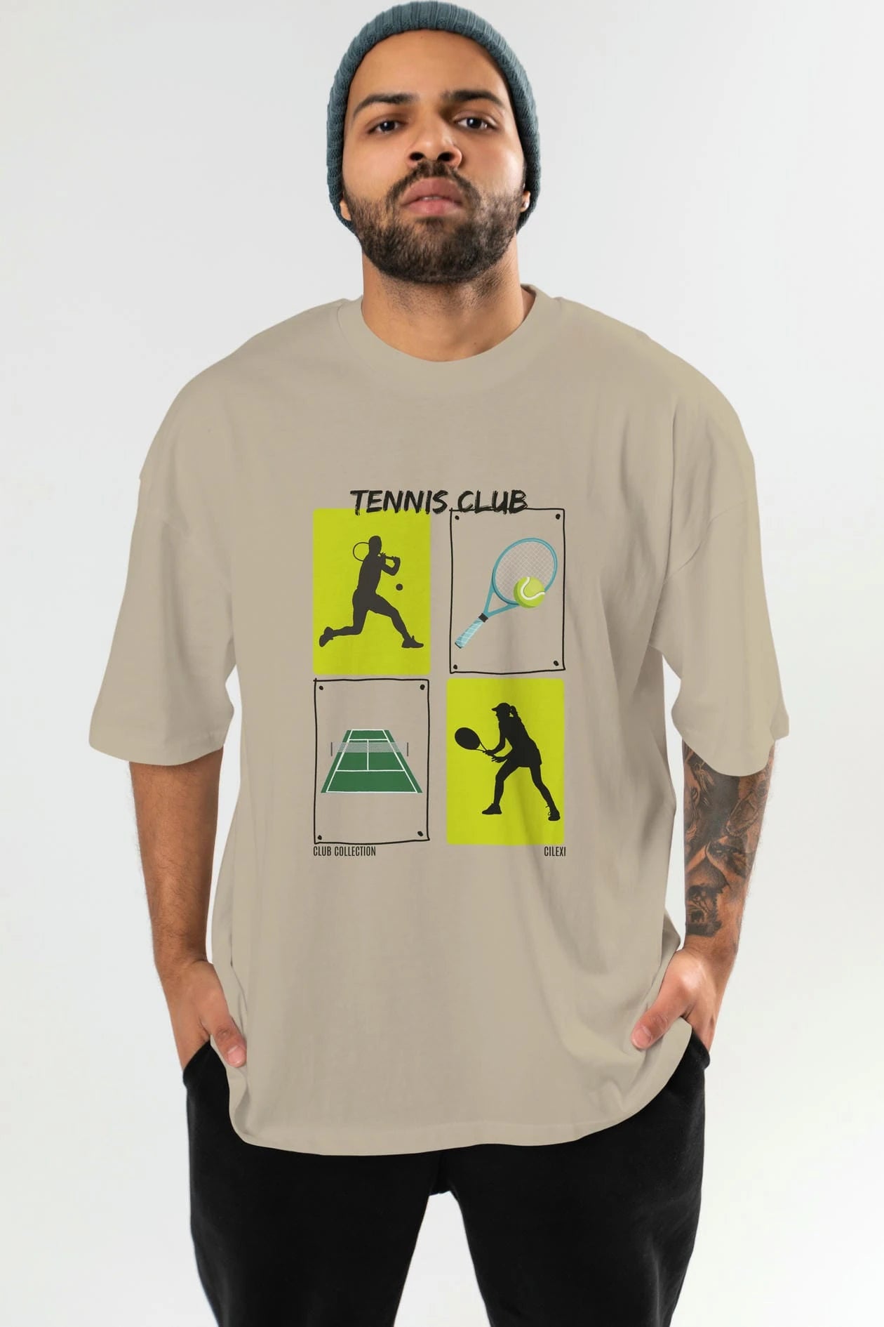 Tennis Club ön Baskılı Oversize t-shirt Erkek Kadın %100 Pamuk Bisiklet Yaka tişort