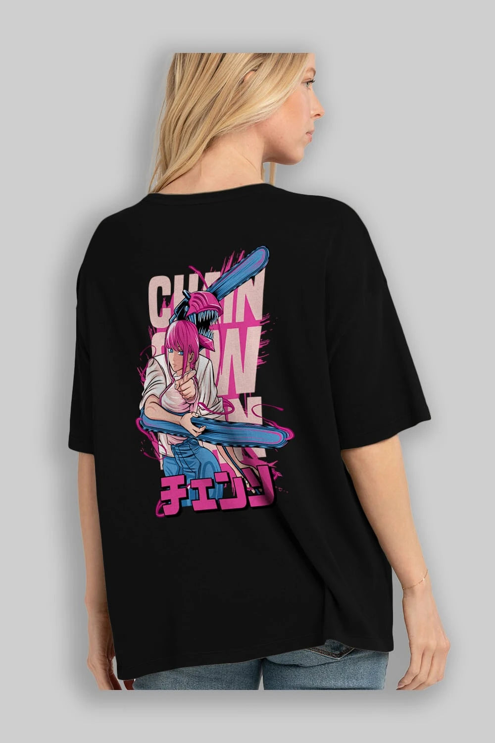 DENJI and MAKIMA Anime Arka Baskılı Oversize t-shirt Erkek Kadın Unisex