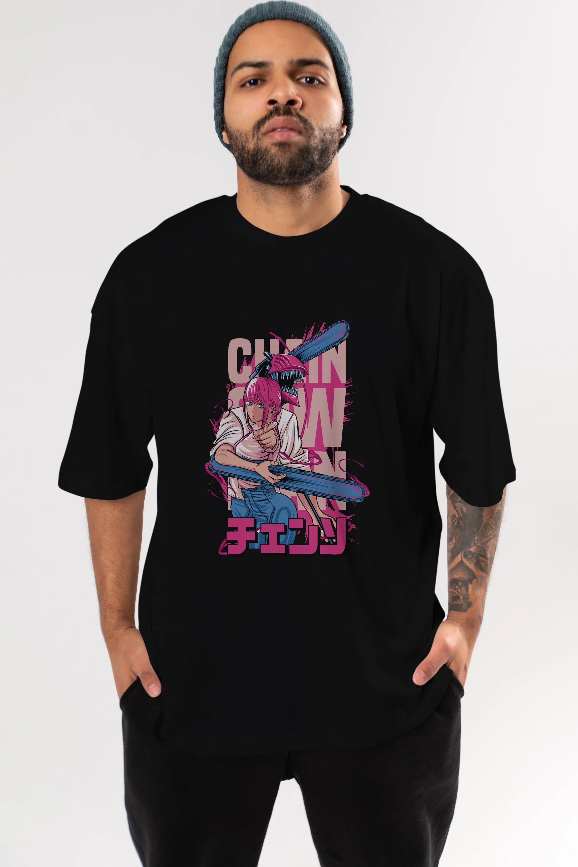 DENJI and MAKIMA Anime Ön Baskılı Oversize t-shirt %100 pamuk Erkek Kadın Unisex