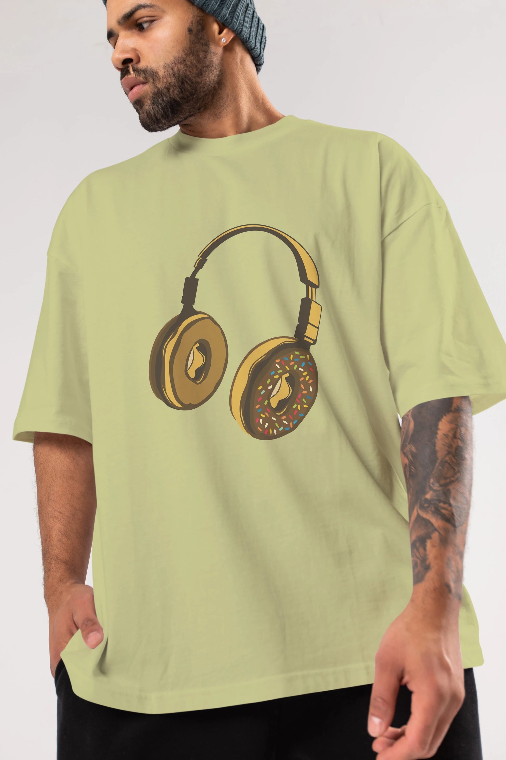 Headphone Donut Ön Baskılı Oversize t-shirt %100 pamuk Erkek Kadın Unisex
