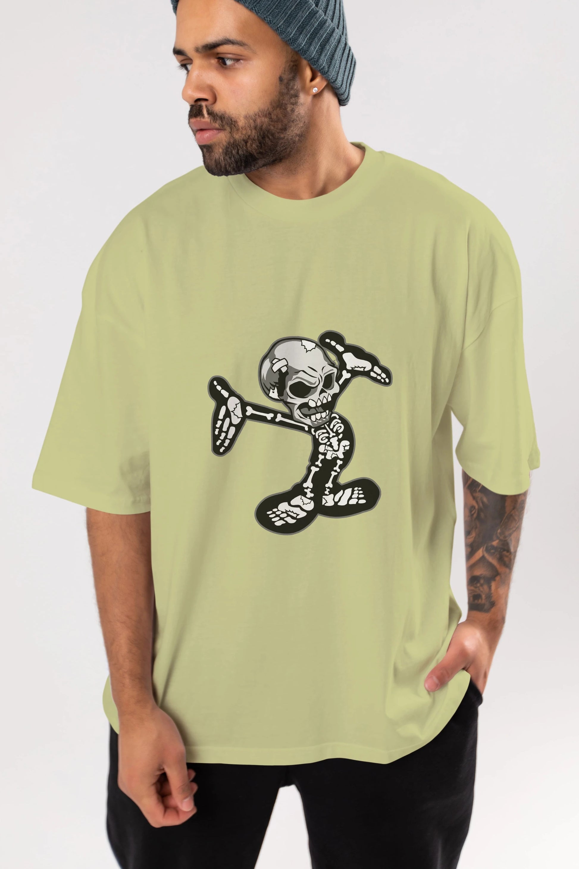 Skull Skeleton Ön Baskılı Oversize t-shirt Erkek Kadın Unisex %100 Pamuk tişort