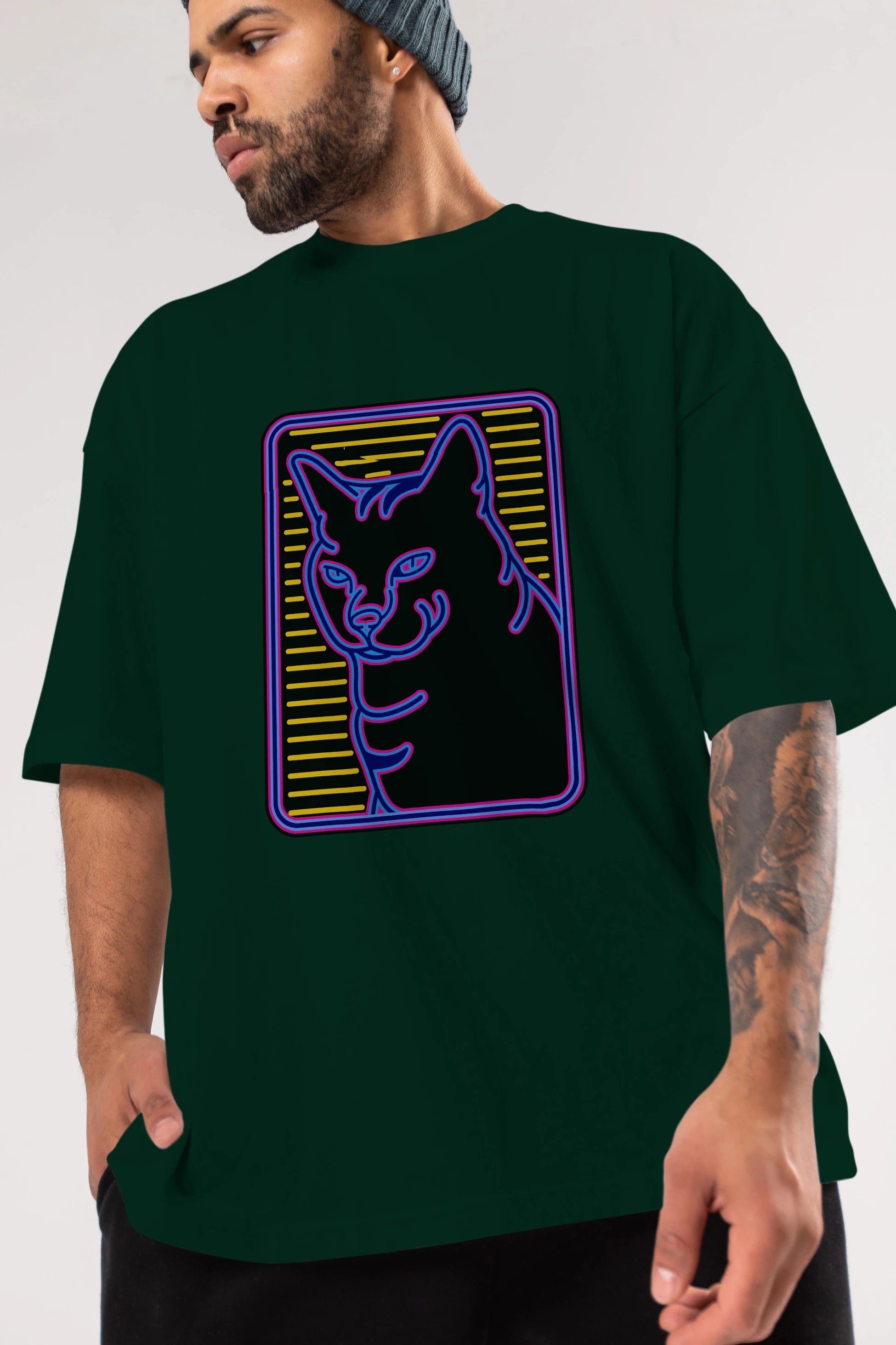 Neon Cat Ön Baskılı Oversize t-shirt Erkek Kadın Unisex