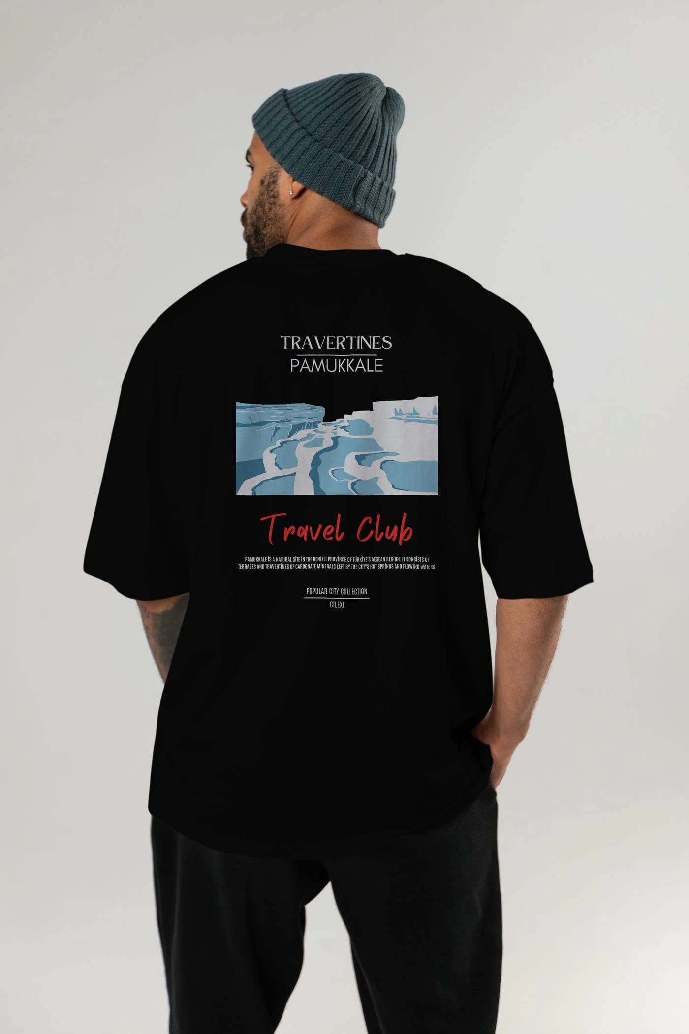 Travertines Pamukkale Arka Baskılı Oversize t-shirt Erkek Kadın Pamuk Bisiklet Yaka tişort