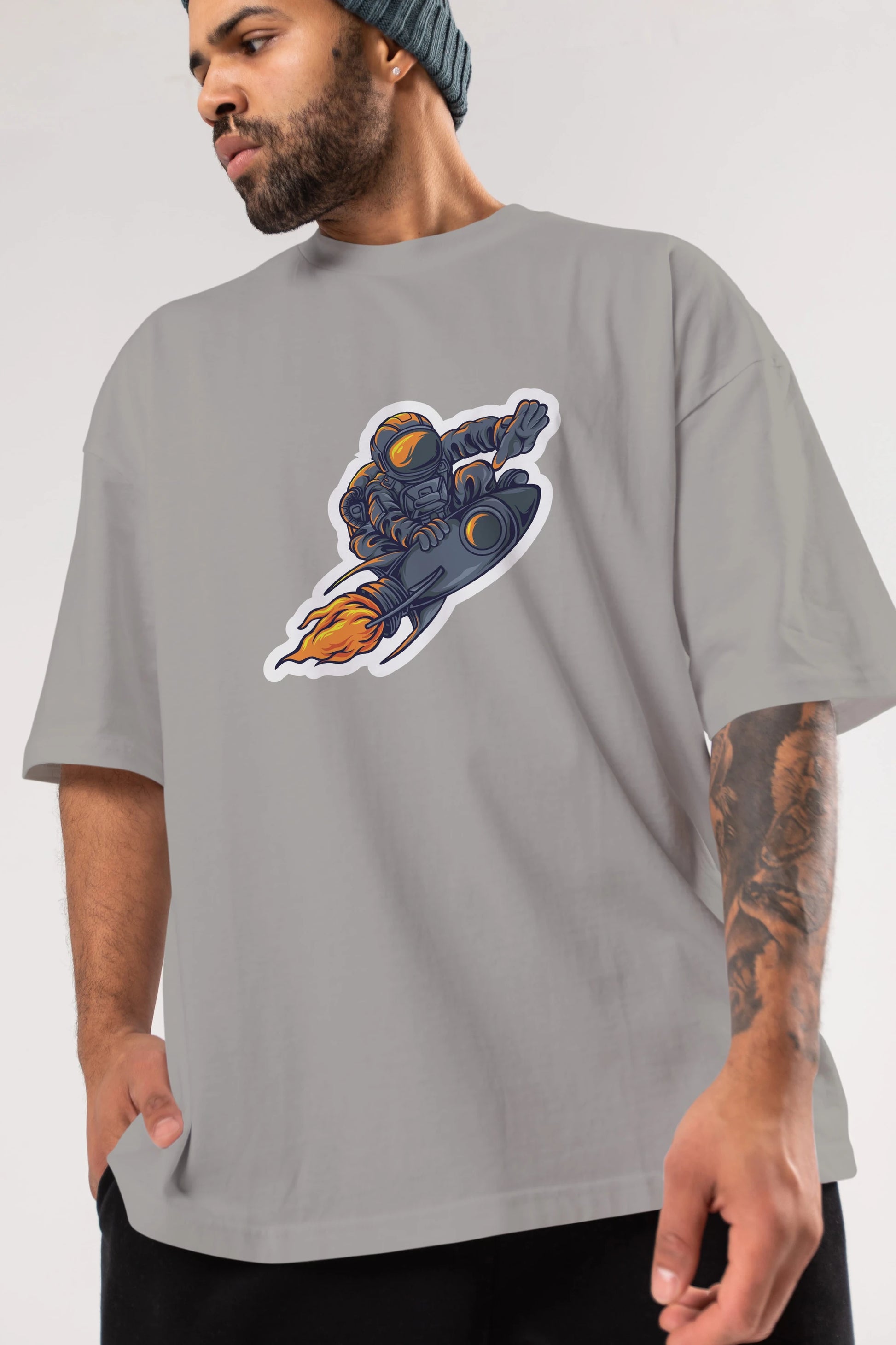 Astrocket Illustration Sticker Ön Baskılı Oversize t-shirt Erkek Kadın Unisex