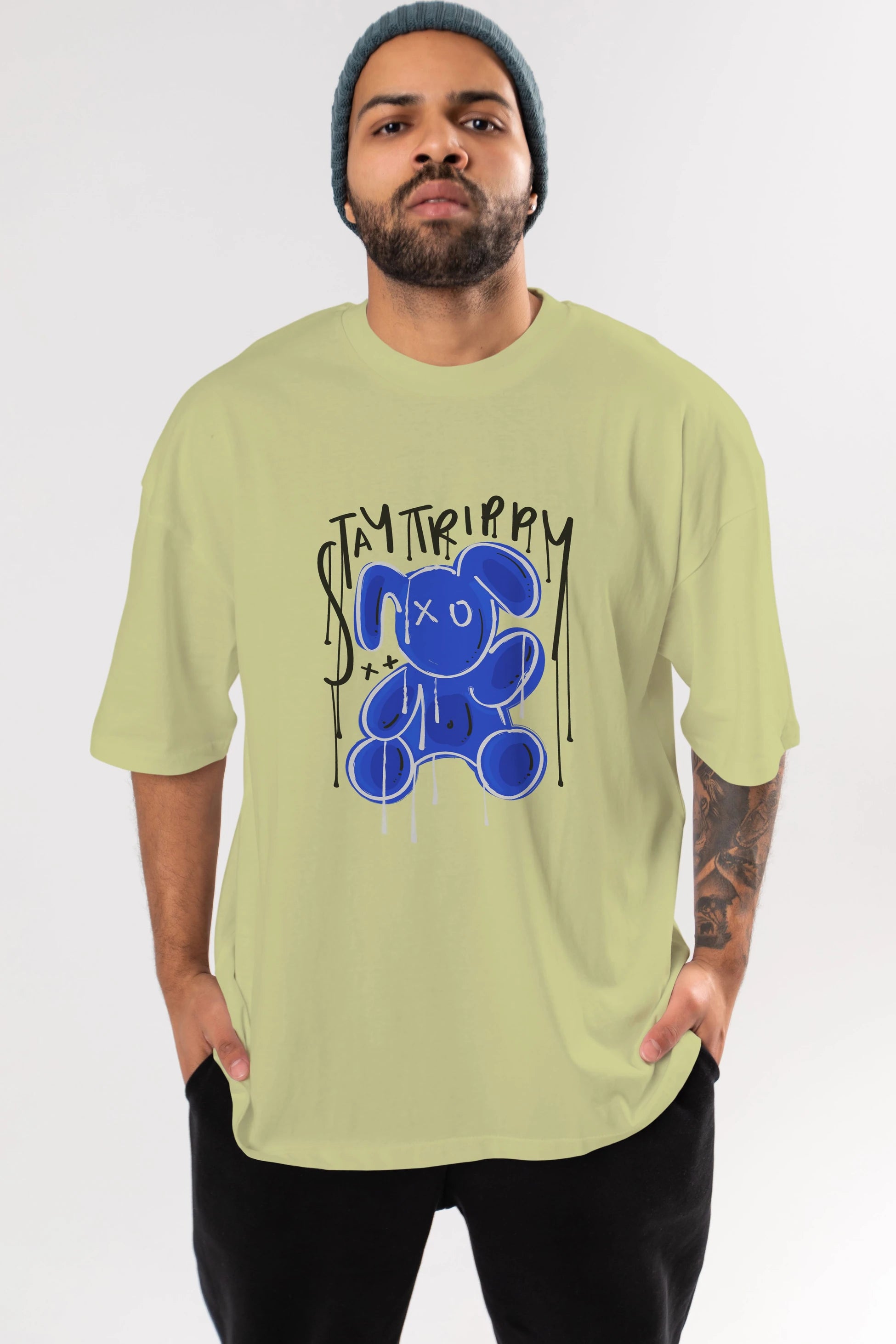 Stay Trippy Bear Ön Baskılı Oversize t-shirt Erkek Kadın Unisex