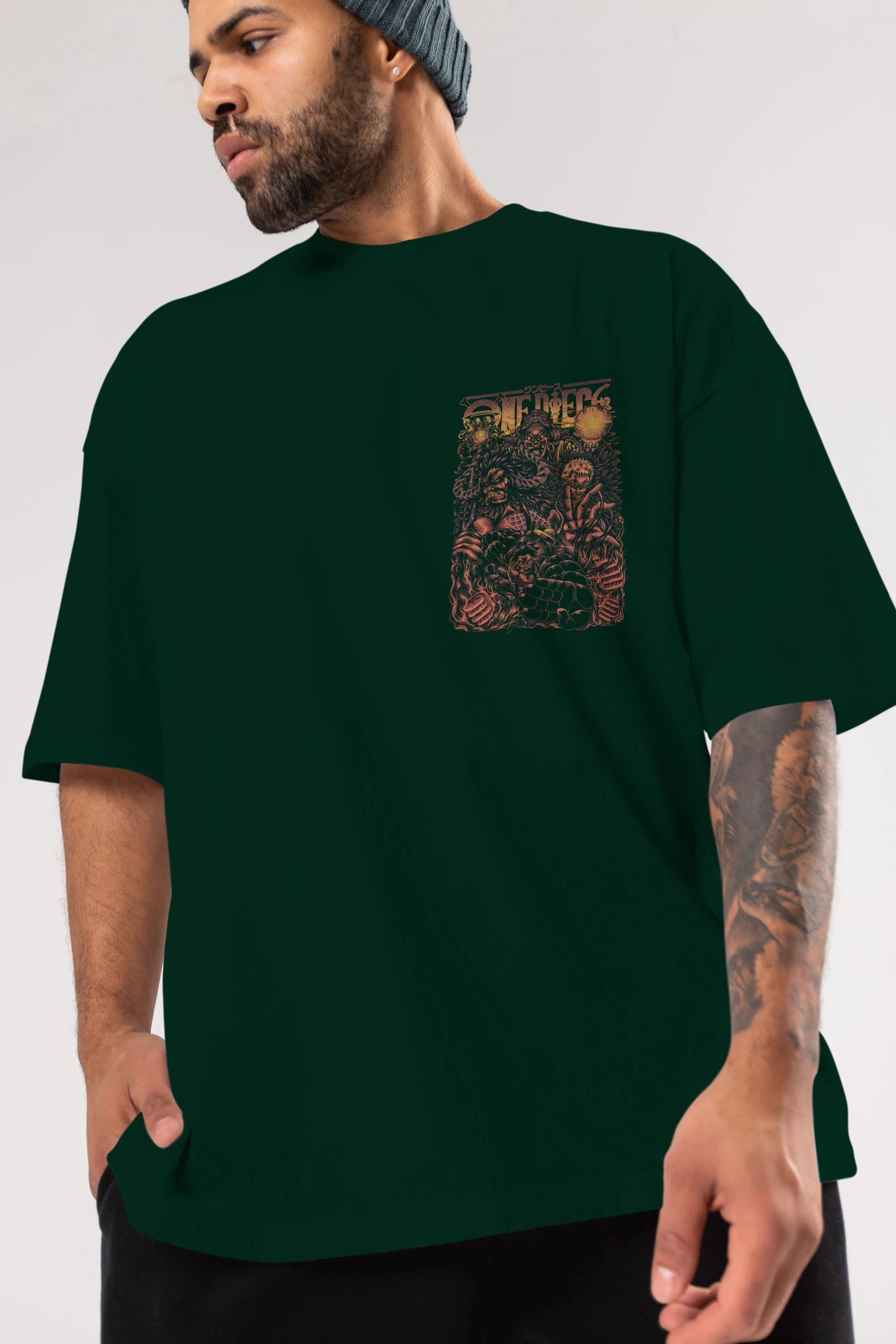 ONE PIECE Ön Sol Baskılı Oversize t-shirt Erkek Kadın Unisex %100 Pamuk Bisiklet Yaka tişort
