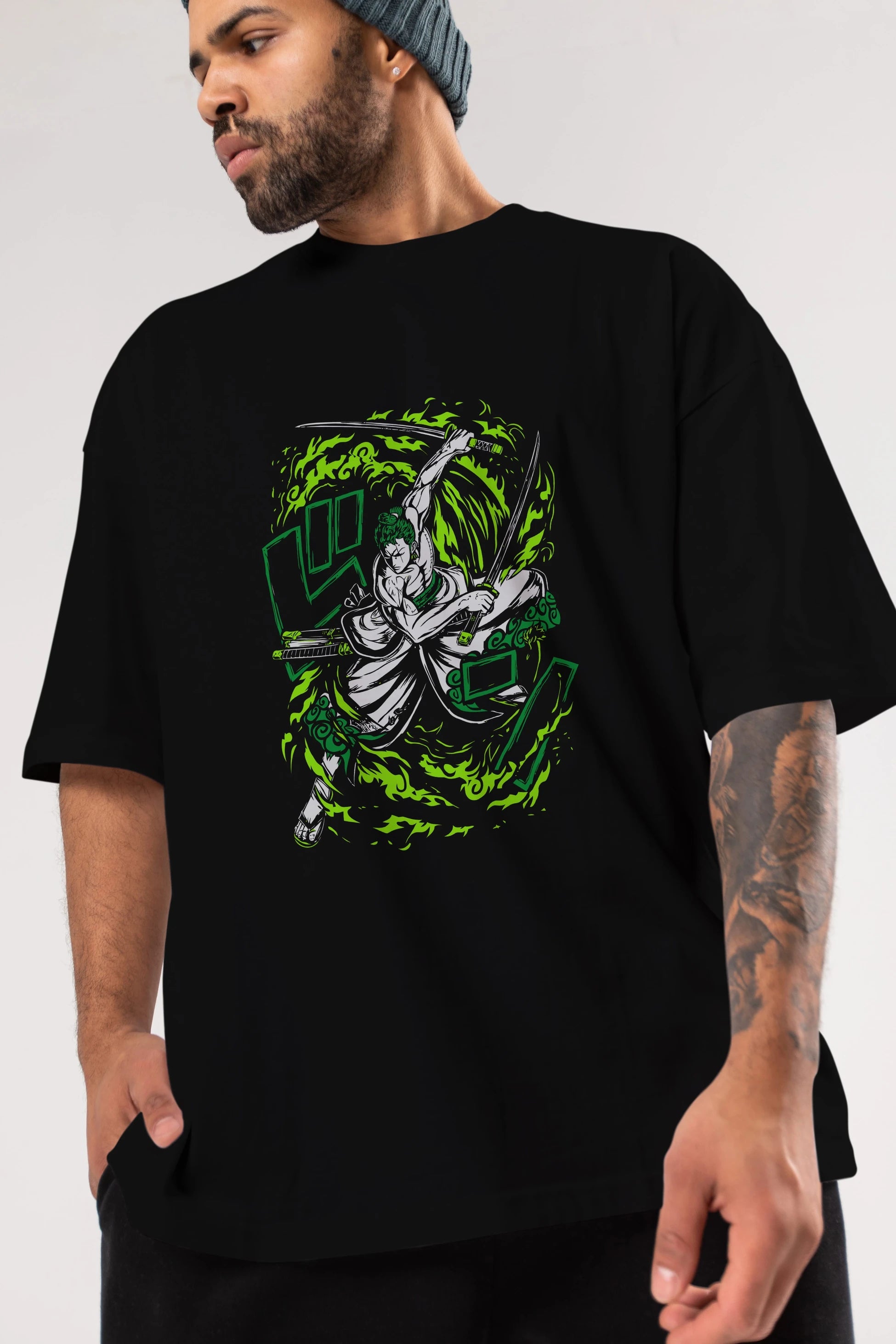 ZORO-ONE PIECE (2) Anime Ön Baskılı Oversize t-shirt %100 pamuk Erkek Kadın Unisex