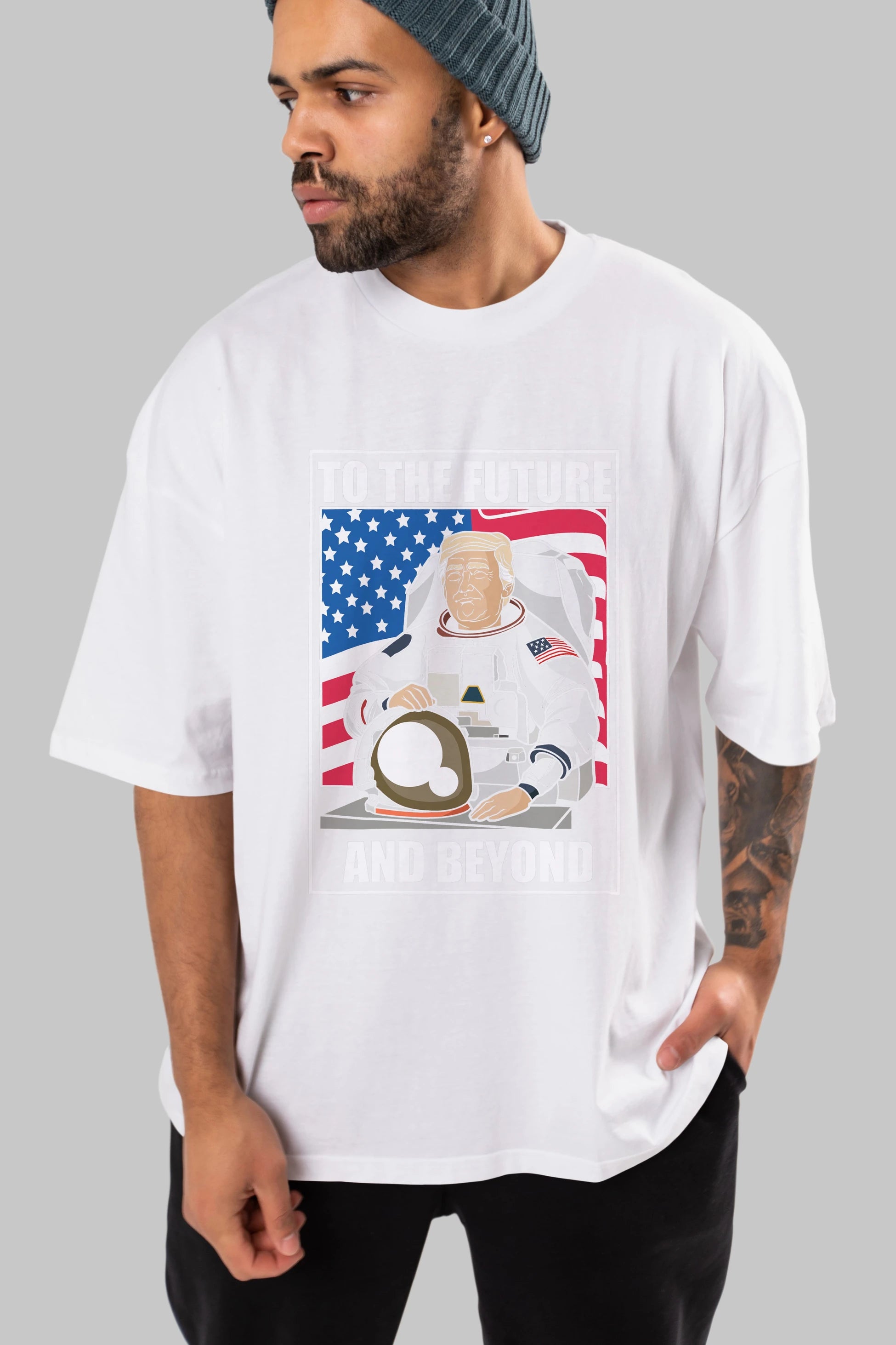 Trumpstronaut Ön Baskılı Oversize t-shirt Erkek Kadın Unisex %100 Pamuk tişort