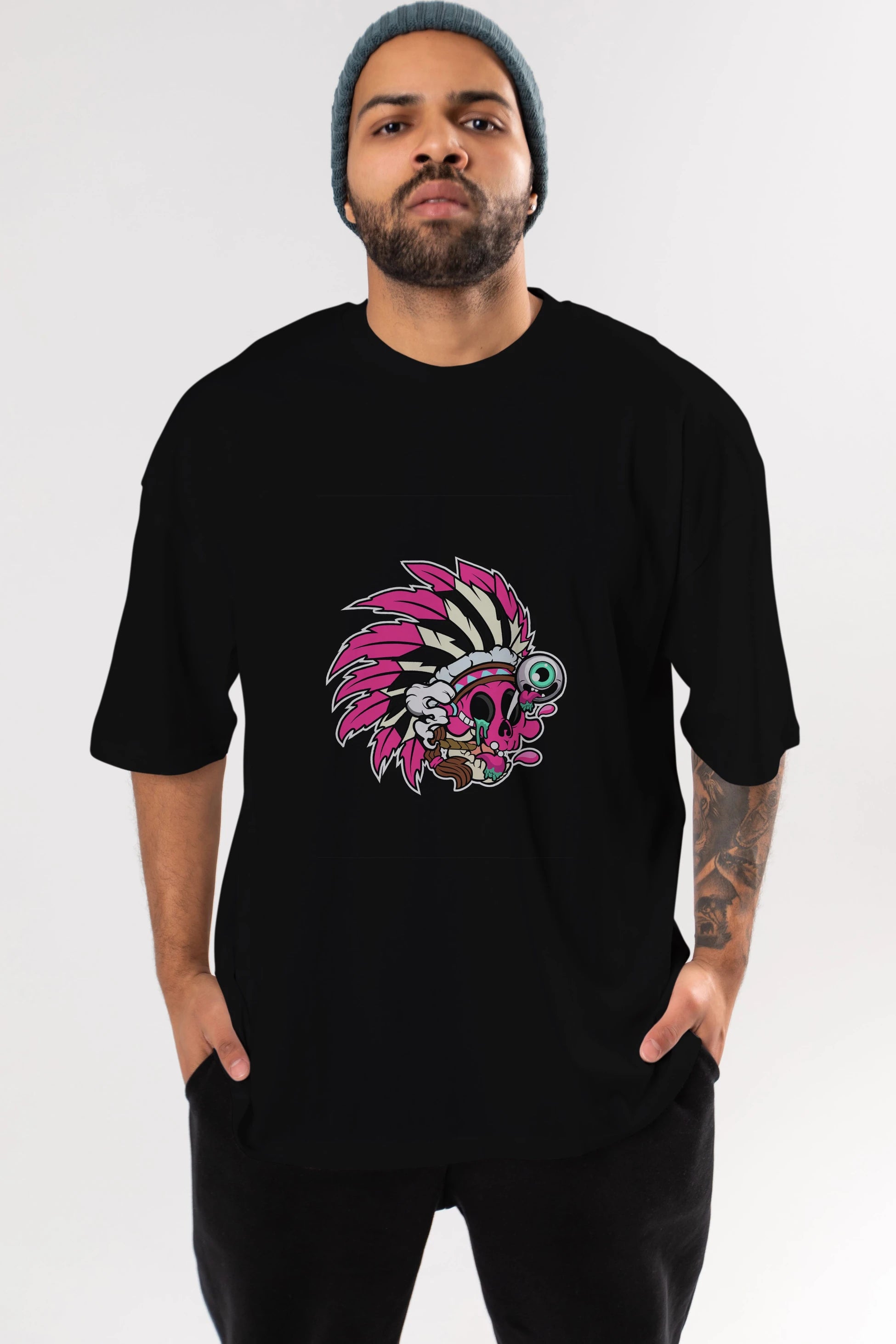 Skull Indian Ön Baskılı Oversize t-shirt Erkek Kadın Unisex %100 Pamuk tişort