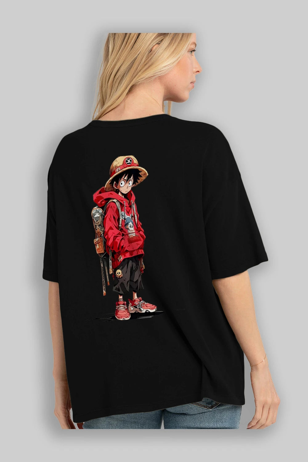 One Piece Arka Baskılı Oversize t-shirt Erkek Kadın Unisex %100 Pamuk Bisiklet Yaka tişort