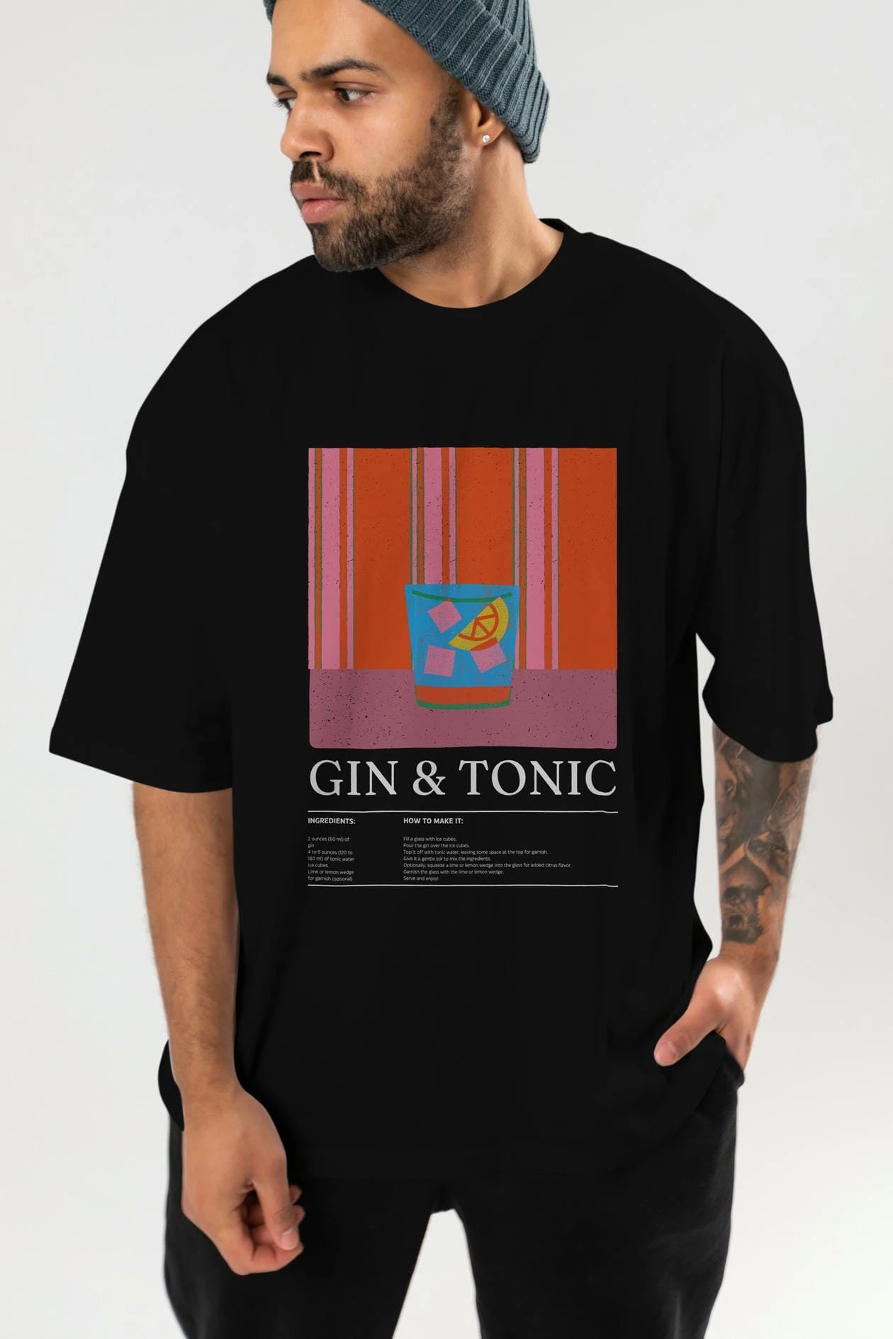 Gin tonic Kokteyl Ön Baskılı Oversize t-shirt Erkek Kadın %100 Pamuk Bisiklet Yaka tişort