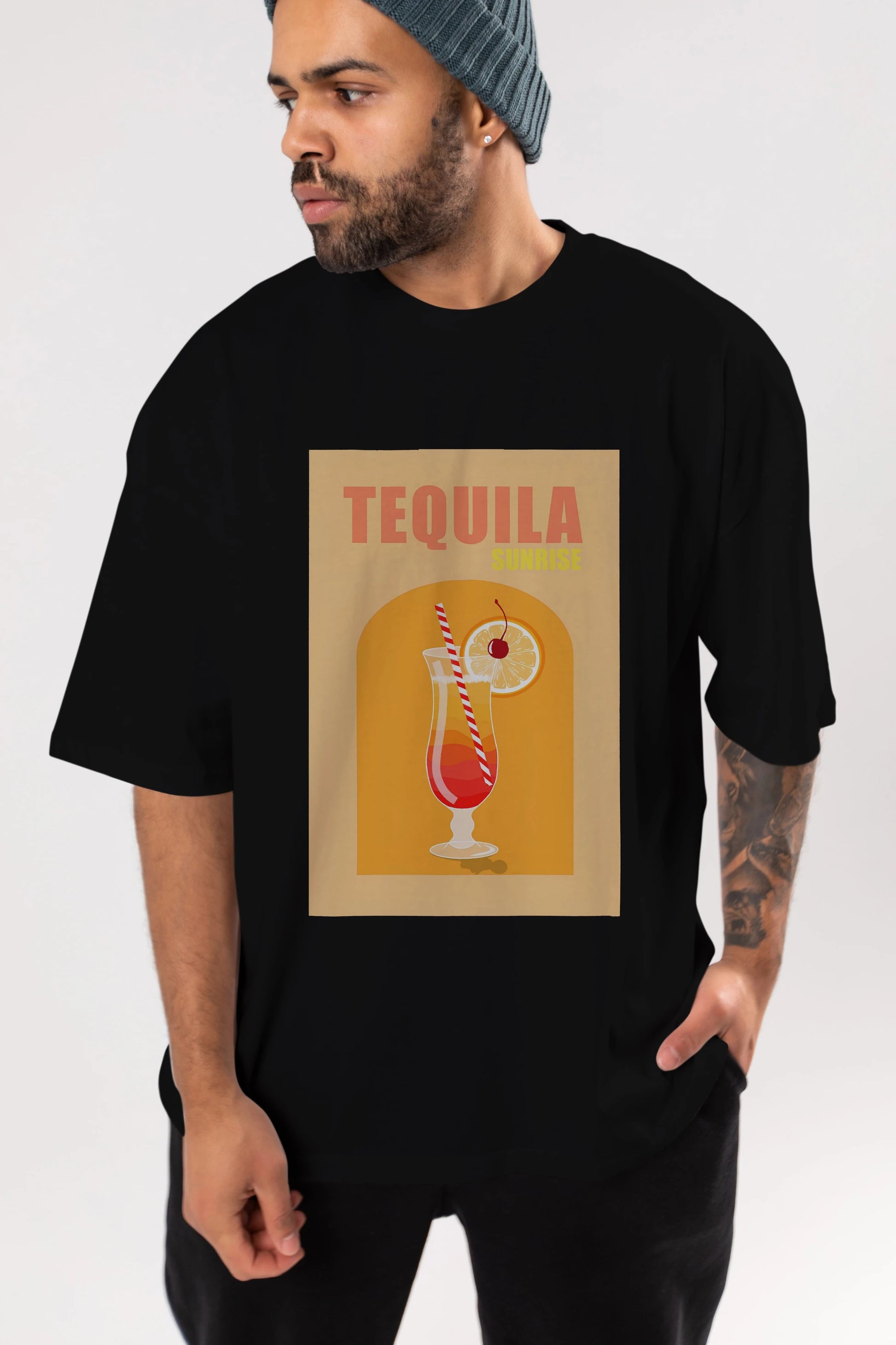 Tequila Sunrise Ön Baskılı Oversize t-shirt Erkek Kadın Unisex %100 Pamuk Bisiklet Yaka tişort
