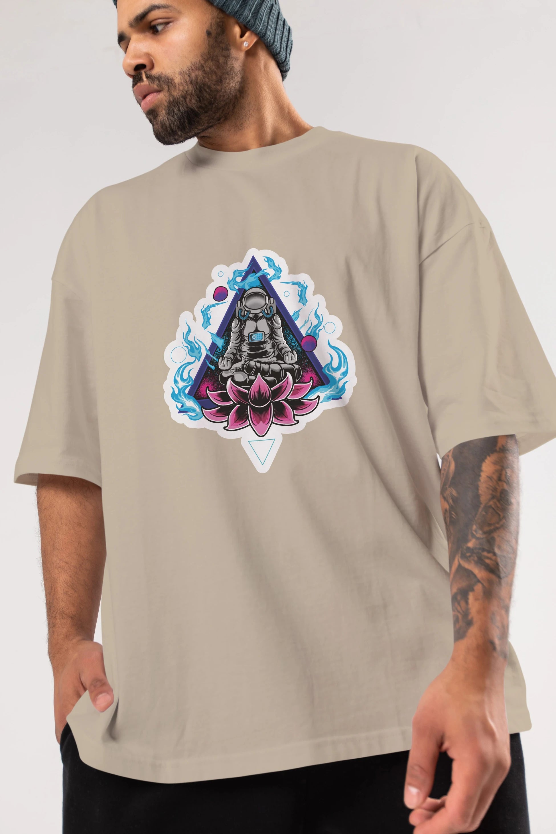 Astronaut Meditation Sticker Ön Baskılı Oversize t-shirt Erkek Kadın Unisex