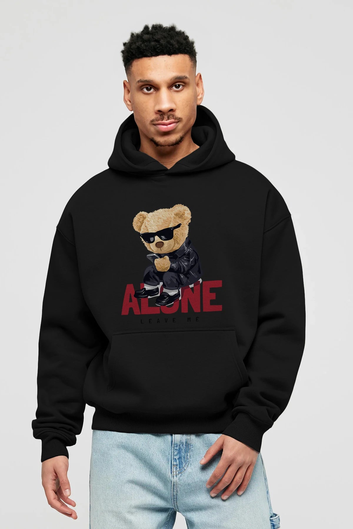 Teddy Bear Alone Ön Baskılı Hoodie Oversize Kapüşonlu Sweatshirt Erkek Kadın Unisex